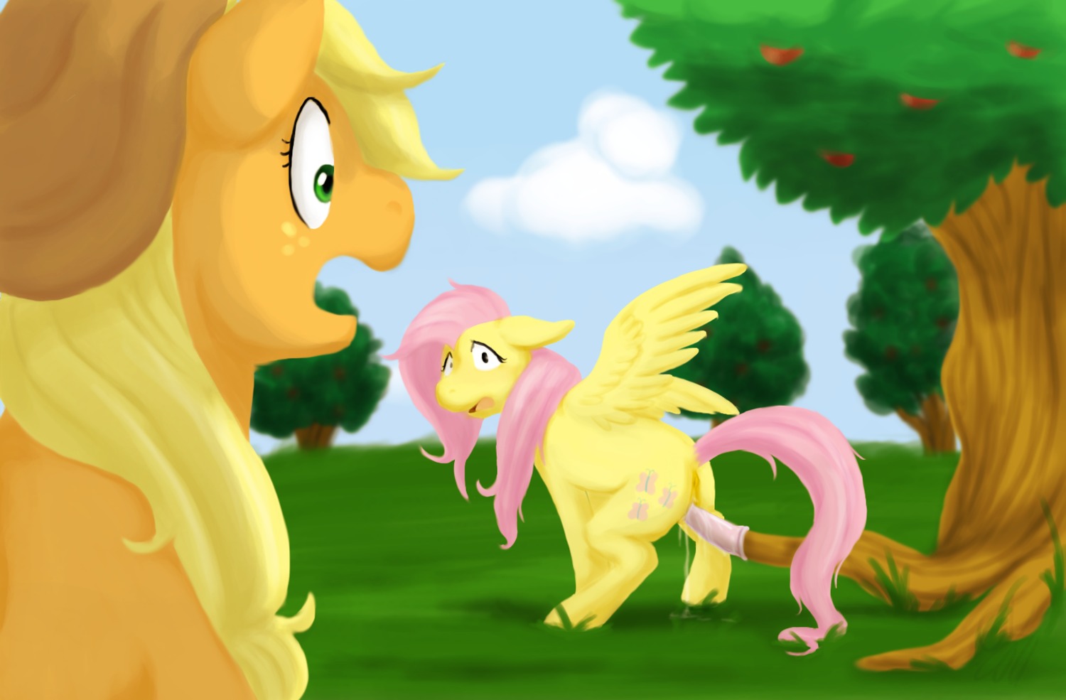 applejack_(mlp) bloomberg cartoonlion caught caught_in_the_act condom earth_pony equine female female_only feral fluttershy_(mlp) friendship_is_magic fur horse masturbation multiple_females my_little_pony orange_fur pegasus pony pussy rule34 smooth_skin vaginal_penetration what yellow_fur