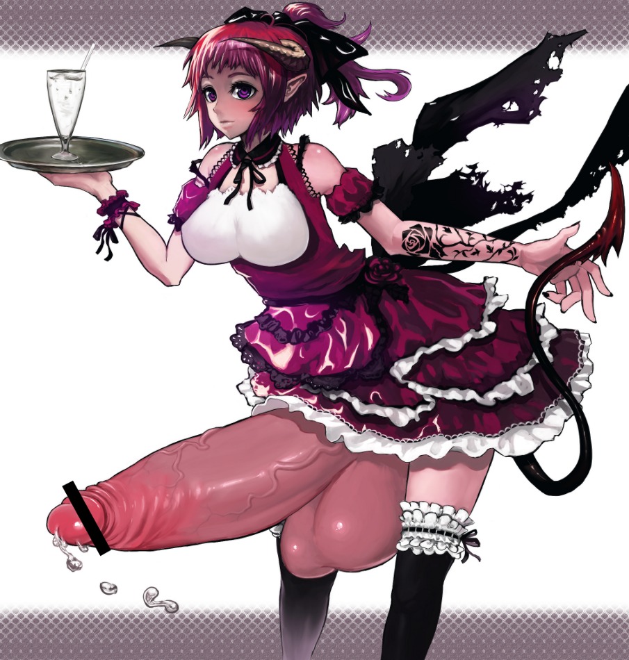 accessory balls big_penis bodily_fluids bottomwear breasts censor_bar censored chikokuma clothed clothing demon demon_humanoid e621 erection flower foreskin genital_fluids genitals glass glistening gynomorph hair hair_accessory hair_ribbon horn horned_humanoid huge_penis humanoid humanoid_genitalia humanoid_penis humanoid_pointy_ears hyper ineffective_censorship intersex legwear mammal multicolored_hair no_underwear penis plant pointy_ears ponytail precum purple_eyes purple_hair red_hair retracted_foreskin ribbons rose_(flower) skirt solo spade_tail tail tattoo thigh_highs vein waiter wings