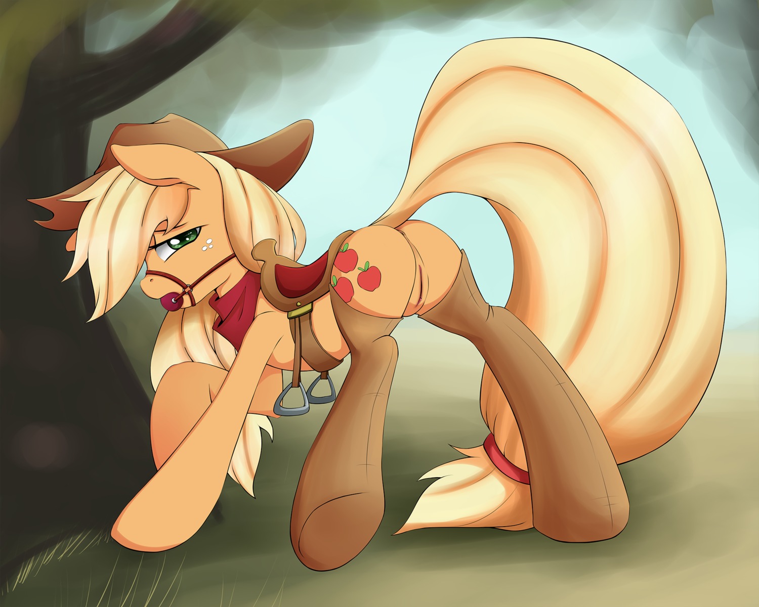 5:4 anus applejack_(mlp) ball_gag blonde_hair butt chaps clothed clothing cowboy_hat cutie_mark digital_media_(artwork) e621 earth_pony equid equine female feral freckles friendship_is_magic gag gagged genitals grass green_eyes grumblepluck hair half-closed_eyes hasbro hat headgear headwear hi_res hooves horse inviting legwear long_hair looking_at_viewer mammal my_little_pony narrowed_eyes orange_body outside plant pony presenting presenting_anus presenting_hindquarters presenting_vulva rear_view saddle solo stockings tail tree vulva wood yellow_tail