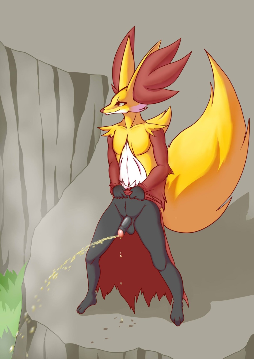 2014 anthro balls barefoot big_ears biped bodily_fluids camiod canid canine clothed clothing delphox e621 eyelashes feet foreskin fur generation_6_pokemon genital_fluids genitals half-closed_eyes half-erect happy hi_res humanoid_genitalia humanoid_penis inner_ear_fluff long_ears looking_away male male_peeing mammal muscular muscular_anthro muscular_male narrowed_eyes navel nintendo no_underwear nude outside partially_retracted_foreskin pecs peeing penis pokemon pokemon_(species) smile solo standing tuft urine urine_stream