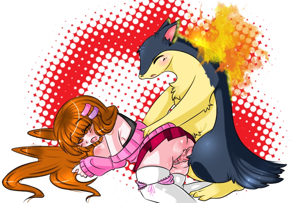 1boy 1girls animal_penis anthro body_fur color erection female furry human interspecies male nintendo penis penis_in_vagina pokemon pokemon_(species) pokephilia pussy rule34 sex straight straight_hair toony trainer typhlosion vaginal_penetration xmireillechanx