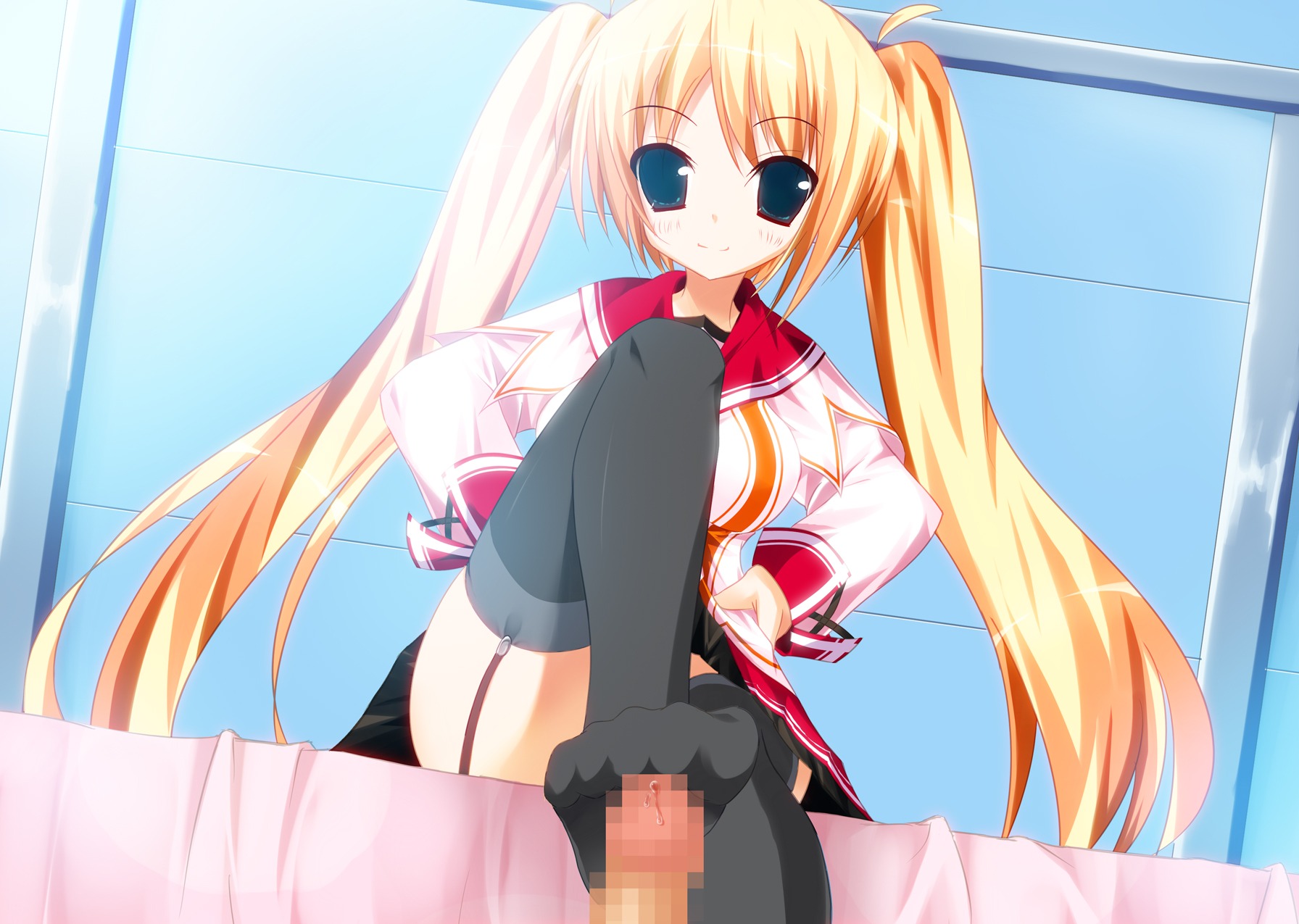 blonde_hair censored character_request cum feet female footjob highres kyohei legwear male penis rule34 thighhighs tied_hair twintails