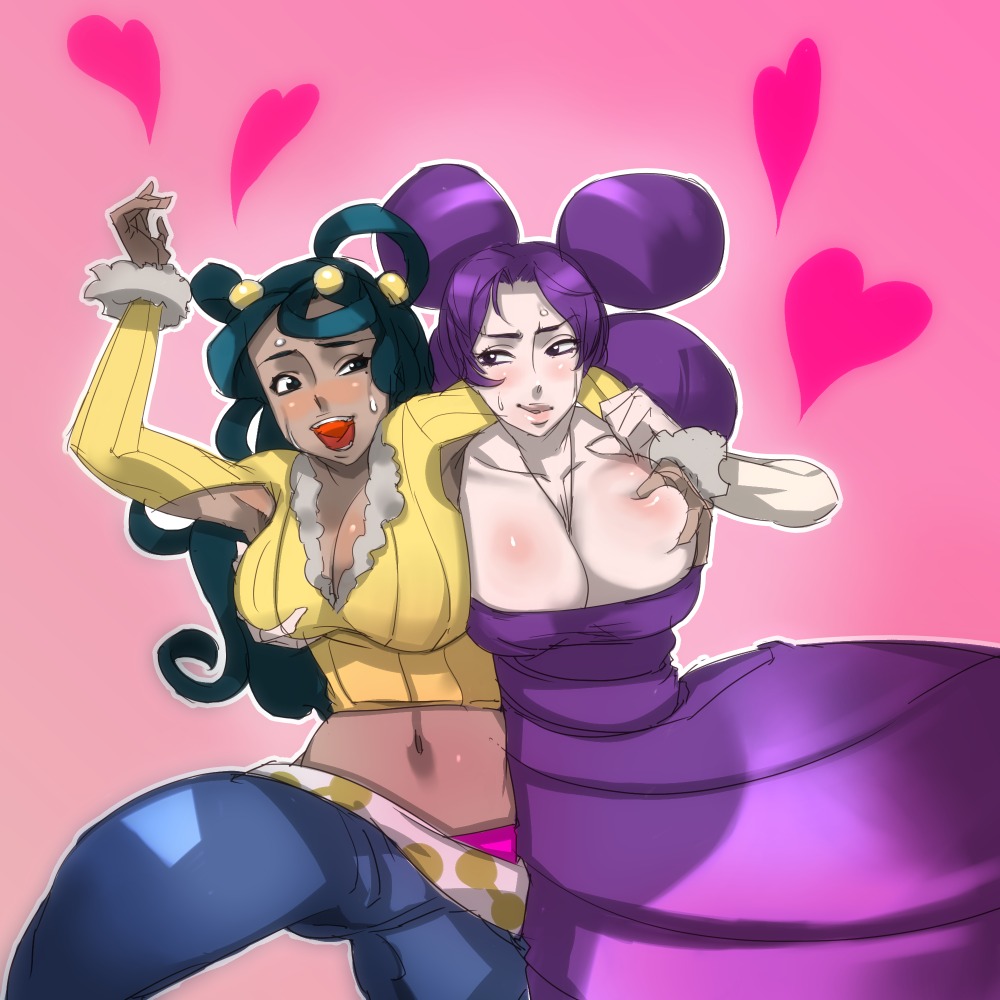 breast_grab breasts chocolate_and_vanilla cleavage clothes color dahlia_(pokemon) dress fantina_(pokemon) female female_only front_view frontier_brain game_freak gym_leader human human_only interracial interracial_yuri kzy melissa_(pokemon) multiple_females multiple_girls nintendo pink_background pokemon pokemon_dppt rule34 tagme yuri