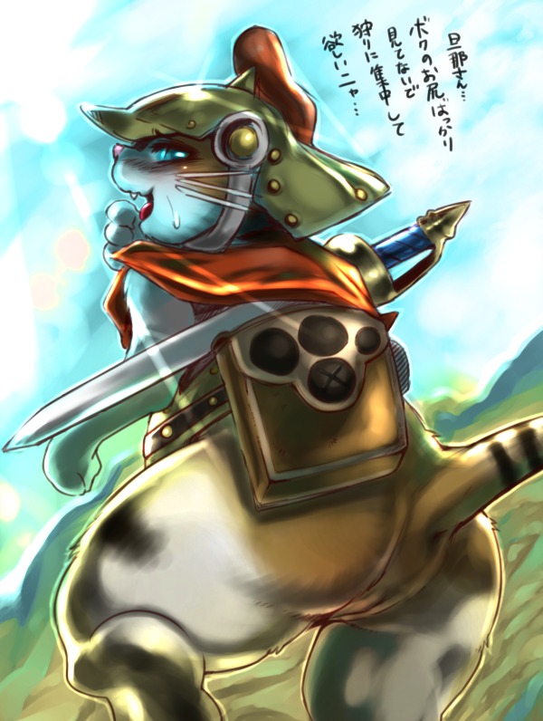 anthro anus capcom e621 felid felyne female genitals japanese_text lynian mammal monster_hunter shiroepsilon solo text translated vulva