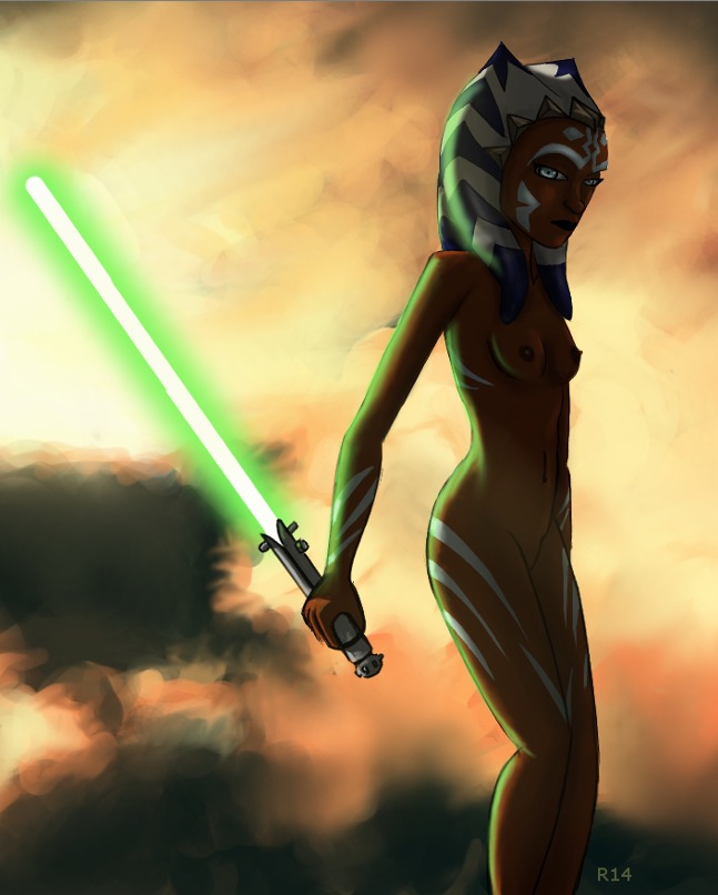 1girls 2010 ahsoka_tano alien alien_girl arm_tattoo blue_eyes casual clone_wars completely_nude dark_skin female female_only green_lightsaber jedi jedi_padawan leg_tattoo lightsaber naked nude orange_skin raikoh-illust rule34 solo standing star_wars tattoo tattoos text the_clone_wars:_season_one togruta weapon