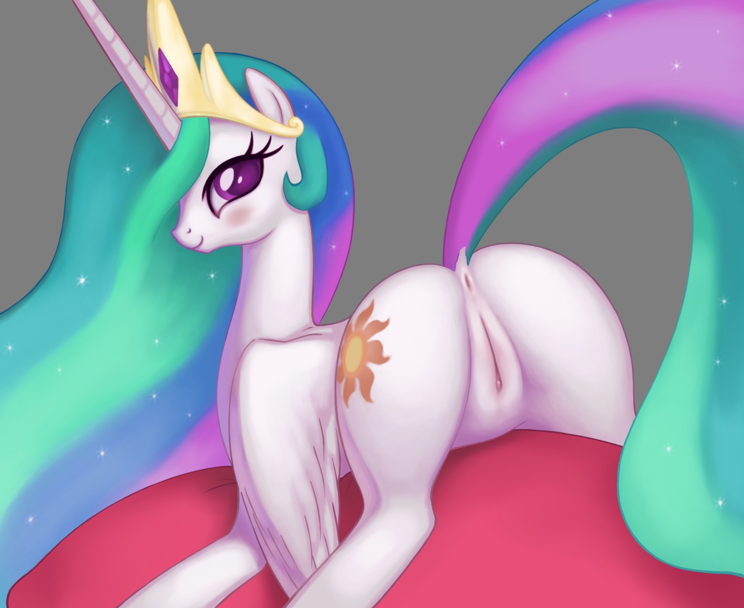 2014 alpha_channel anus blue_hair blush bored_photoshop_guy butt crown cutie_mark e621 equid equine eyelashes feathered_wings feathers female feral fluffy fluffy_tail friendship_is_magic genitals green_hair hair hasbro headgear hi_res horn long_hair looking_at_viewer looking_back mammal multicolored_hair my_little_pony mythological_creature mythological_equine mythology nude pink_hair presenting presenting_hindquarters presenting_vulva princess_celestia_(mlp) purple_eyes smile solo tail tiara vulva white_body white_feathers white_horn winged_unicorn wings