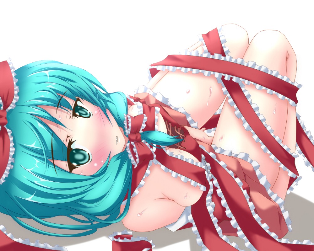 1girls aqua_eyes aqua_hair blush breasts female kagiyama_hina masturbation naked_ribbon niracha nude ribbon rule34 solo sweat touhou