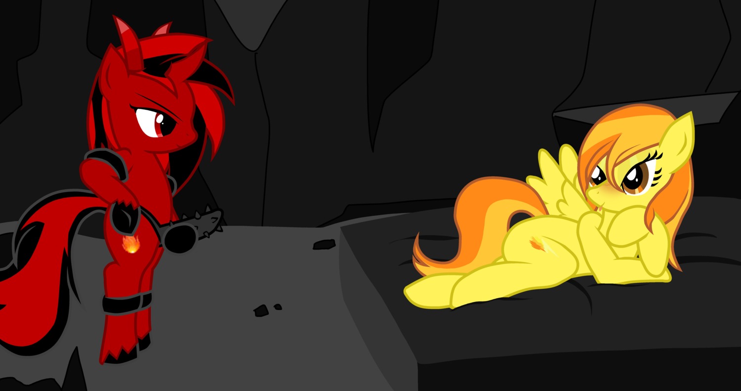 absurd_res barbed_dildo bed cave cutie_mark demon dildo duo e621 equid equine fan_character feathered_wings feathers female fire forsaken_(character) friendship_is_magic furniture hair hasbro hi_res horn lying mammal my_little_pony mythological_creature mythological_equine mythology pegasus pyruvate red_eyes sex_toy smile smirk spitfire_(mlp) wings wonderbolts_(mlp) yellow_body yellow_feathers