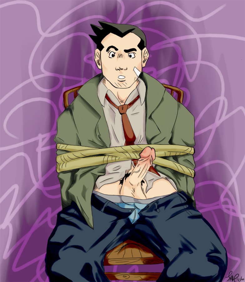 1boy blue_underwear dick_gumshoe gyakuten_saiban male male_only penis rope rule34 solo tied_up underwear