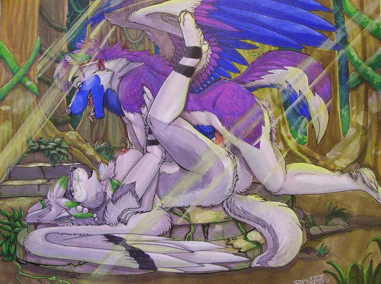 2011 animal_genitalia animal_penis anthro anthro_on_anthro anthro_penetrated anthro_penetrating anthro_penetrating_anthro areola breasts canid canine canine_genitalia canine_penis canis detailed_background digital_media_(artwork) duo e621 erection feathered_wings feathers female female_penetrated forest from_front_position fur genitals ifus jewelry knot legs_up lying male male/female male_penetrating male_penetrating_female mammal missionary_position necklace nipples nude on_back open_mouth outside penetration penile penile_penetration penis penis_in_vagina plant plumbob purple_body purple_fur sex tail tongue tongue_out tree vaginal vaginal_penetration vulva white_body wings wolf wood