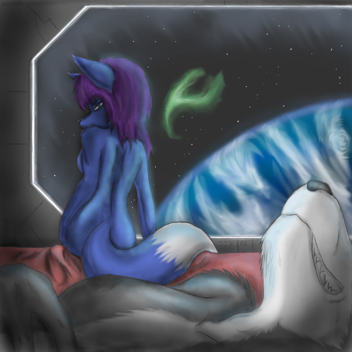 anthro black_nose blue_fur color female fox fur furry furry_ears furry_tail grey_fur hair indoors interspecies krystal lying male nude on_back pointy_ears purple_hair rule34 schattendorn sitting star_fox tail white_fur wolf wolf_o'donnell