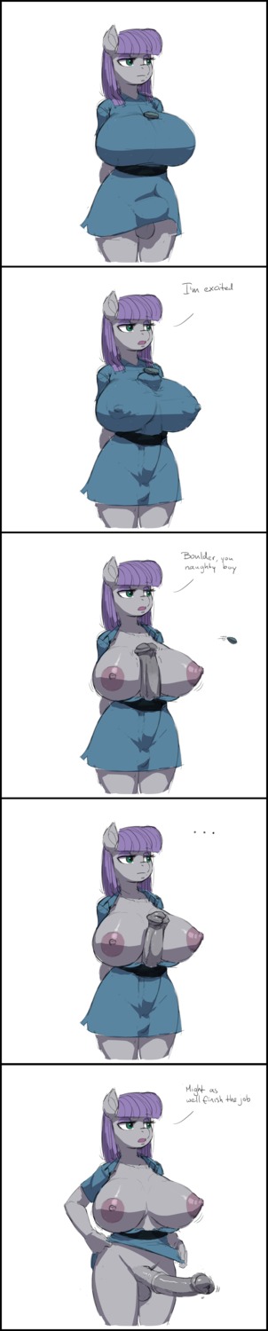 2014 absurd_res animal_genitalia animal_penis anthro anthrofied areola balls big_breasts biped black_border border breasts clothing dialogue digital_media_(artwork) e621 earth_pony english_text equid equine equine_genitalia equine_penis erection eyeshadow friendship_is_magic genitals grey_body gynomorph hair half-closed_eyes hasbro hi_res horse intersex kevinsano long_image makeup mammal maud_pie_(mlp) my_little_pony narrowed_eyes nipples open_mouth penis pony purple_hair rock solo tall_image text third-party_edit