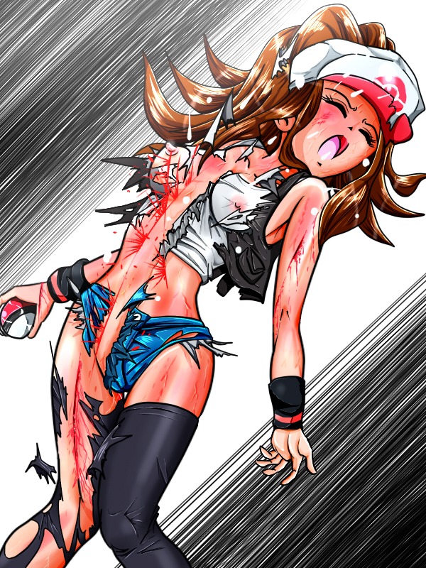 1girls beige_skin bleeding blood breasts brown_hair closed_eyes clothes color female female_only front_view gore hilda_(pokemon) human injury long_hair medium_breasts no_penetration no_penis open_mouth pokemon rule34 solo solo_female standing torn_clothes