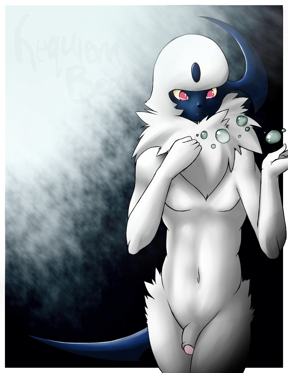 absol anthro anthrofied black_nose chest_tuft claws digital_media_(artwork) e621 femboy flaccid foreskin fur generation_3_pokemon genitals hair hi_res horn humanoid_genitalia humanoid_penis khuraji male navel neck_tuft nintendo nude partially_retracted_foreskin penis pokemon pokemon_(species) pokemorph red_eyes shaded solo teeth tuft white_body white_fur