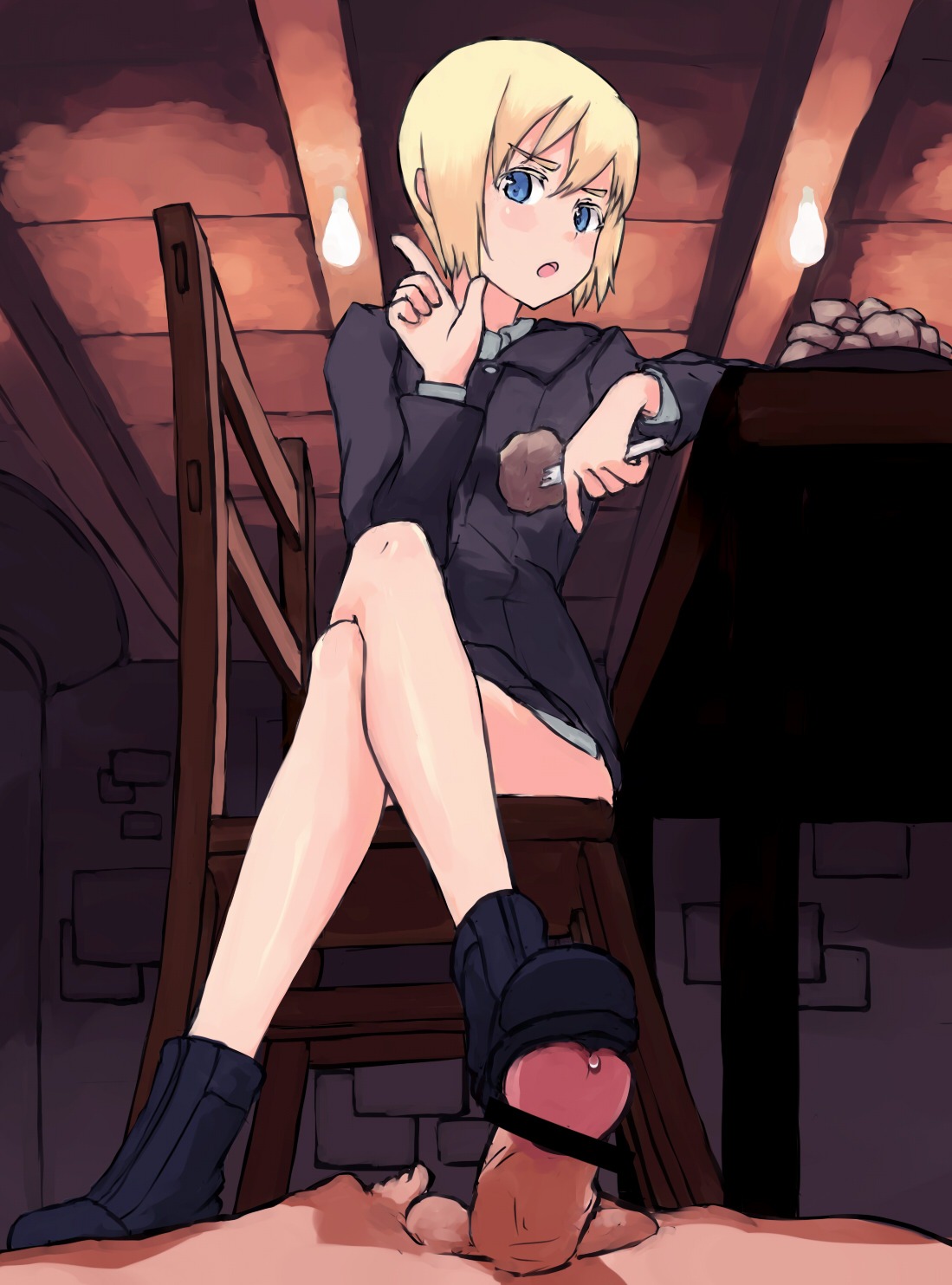 bar_censor blue_eyes bottomless censored chair clothing crossed_legs domination erica_hartmann feet female femdom footjob fork highres male penis pov rule34 shibafu_(glock23) shoejob shoes short_hair sitting small_penis straight strike_witches uniform world_witches_series