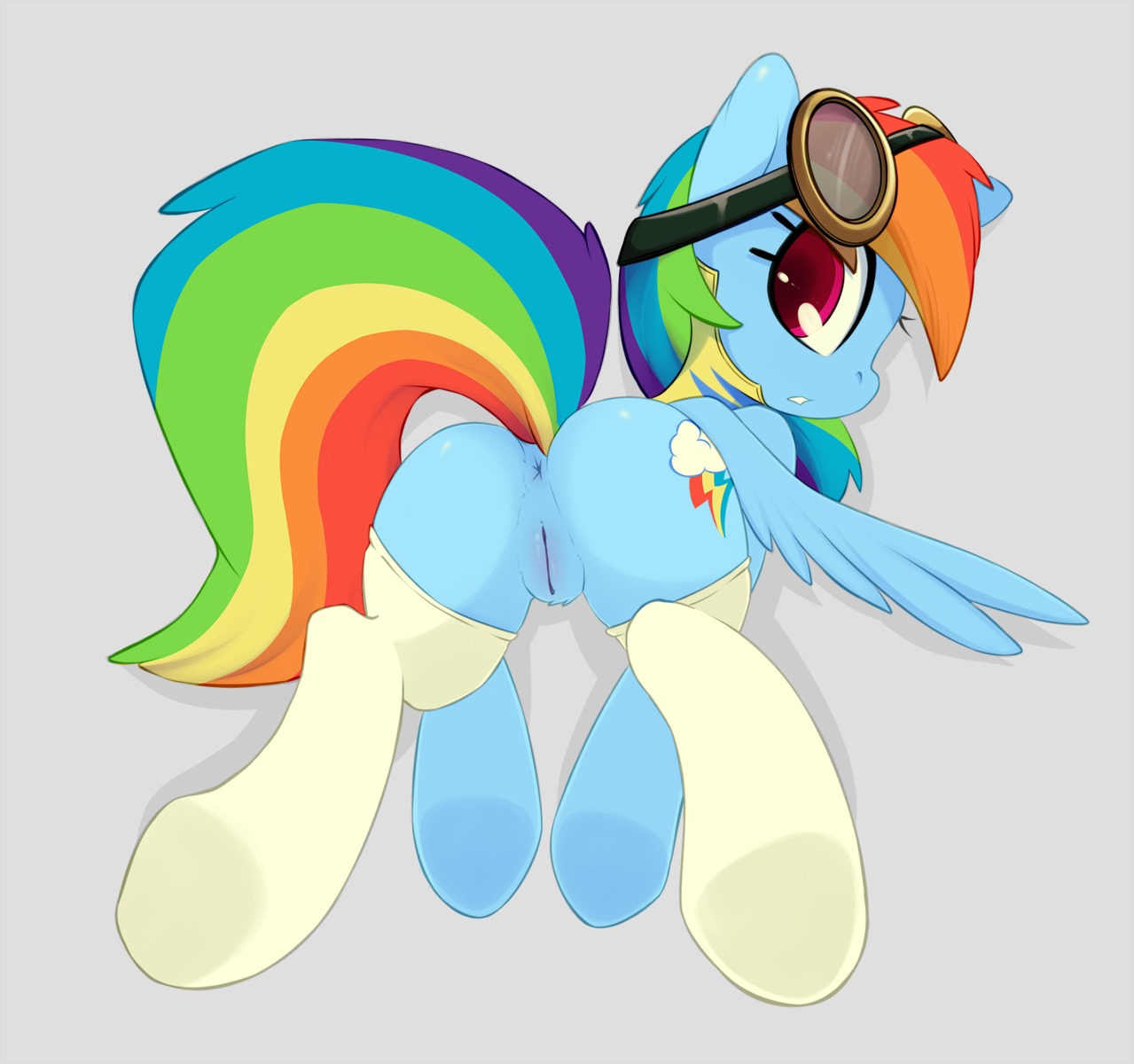 2013 anus blue_body blue_feathers blue_fur butt clothing cutie_mark e621 equid equine eyewear feathered_wings feathers female feral footwear friendship_is_magic fur genitals glasses grumblepluck hair hasbro hi_res horse legwear long_hair looking_at_viewer looking_back mammal multicolored_hair multicolored_tail my_little_pony mythological_creature mythological_equine mythology pegasus pony presenting presenting_hindquarters purple_eyes quadruped rainbow_dash_(mlp) rainbow_hair rainbow_tail rear_view socks solo stockings tail vulva wings