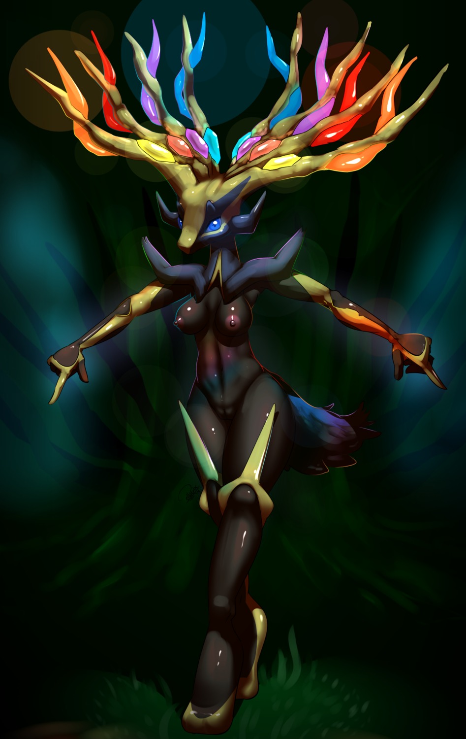 2014 5_fingers abstract_background anthro anthrofied antlers barefoot biped black_body black_fur blue_eyes breasts deer digital_media_(artwork) e621 elpatrixf feet female fingers fur generation_6_pokemon genitals glistening glowing hi_res horn legendary_pokemon looking_at_viewer mammal navel nintendo nipples nude pokemon pokemon_(species) pokemorph shadow simple_background solo standing vulva xerneas xerneas_(active_mode)