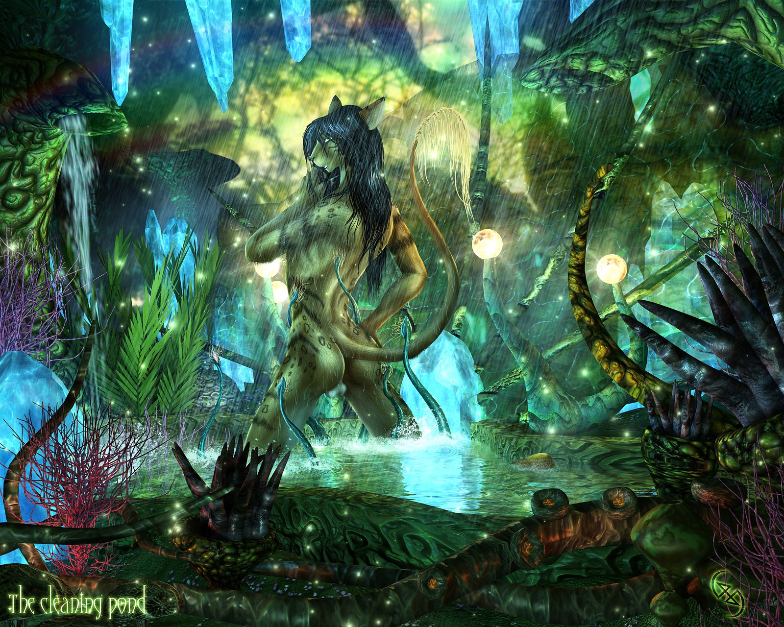 2011 5:4 alien alien_world amazing_background anthro athletic athletic_male backsack balls bathing bioluminescence black_hair black_nose butt claws crystal detailed detailed_background dipstick_tail e621 felid forest forest_background fur genitals glowing green_body green_eyes green_fur hair hi_res inner_ear_fluff jungle lights long_hair long_tail looking_at_viewer looking_back male mammal markings multicolored_body multicolored_fur nature nature_background nude outside partially_submerged plant pose raining raised_tail rear_view science_fiction selker selker_ari shrub signature sindaraye slim smile solo spots spotted_body spotted_fur standing standing_in_water striped_body striped_fur stripes tail tail_markings tail_tuft tentacles tree tuft vines water wet wet_body wet_fur wet_hair white_balls