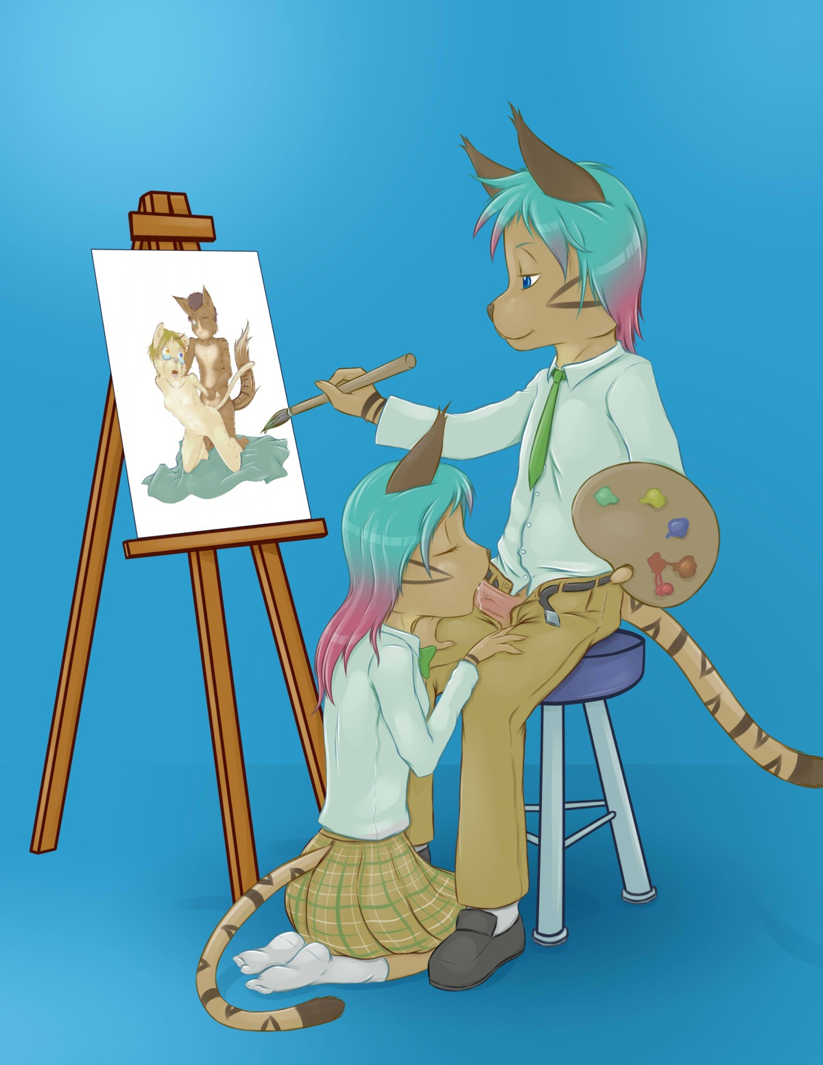 2013 absurd_res accessory ambiguous_penetration anthro anthro_on_anthro anthro_penetrated anthro_penetrating anthro_penetrating_anthro arm_grab artist belt blue_background bottomwear bow_(feature) bow_tie brush casual_sex closed_smile clothed clothed_anthro clothed_female clothed_male clothed_sex clothing collared_shirt creating_art dress_shirt duo e621 easel erection eyelashes eyes_closed eyewear eyewear_only felid fellatio female female_anthro female_penetrated footwear from_behind_position fur furgonomics genitals glasses glasses_only hair half-closed_eyes heterochromia hi_res humanoid_genitalia humanoid_hands humanoid_penis incest_(lore) intraspecies kneeling legwear long_hair long_tail male male/female male_anthro male_penetrating male_penetrating_female mammal markings mouth_closed multicolored_hair narrowed_eyes necktie nude nude_anthro nude_female nude_male one_eye_closed open_belt open_bottomwear open_clothing open_mouth open_pants oral oral_penetration paintbrush painting_(action) painting_(object) palette pantherine pants pattern_bottomwear pattern_clothing pattern_skirt penetration penile penis penis_in_mouth picture_in_picture plaid plaid_bottomwear plaid_clothing plaid_skirt plantigrade risingdragon sarah_(985323) seiza sex shirt shoes short_hair simon_(985323) simple_background sitting sitting_on_stool skirt smile socks tail tail_markings tail_through_skirt tiger topwear two_tone_hair vein veiny_penis wearing_glasses