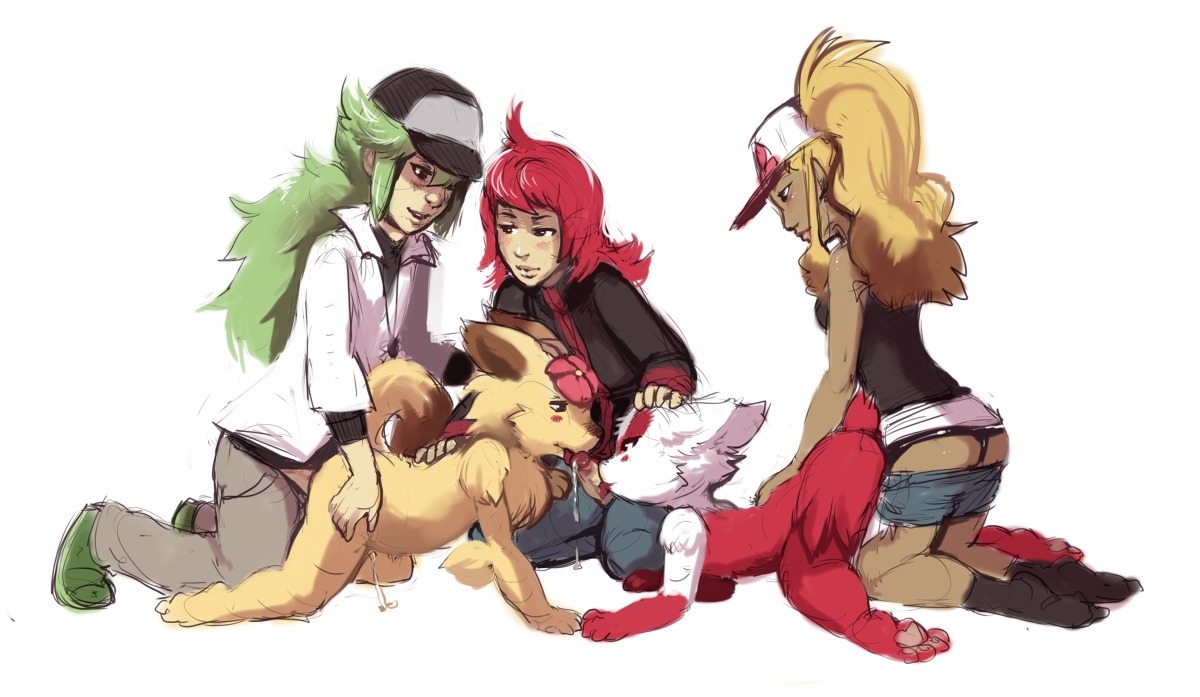 1girls 2boys all_fours ambiguous_gender animal ass blonde_hair blush breasts brown_eyes canine chest_tuft cum dark_skin denim_shorts ear_back eye_contact feline fellatio female flower furry ganguro green_hair gyaru hair hat hilda_(pokemon) human interspecies kissing kneeling looking_at_another male natural_harmonia_gropius necklace oral oral_sex paws penis pokemon pokemon_bw pokephilia ponytail purplekecleon red_hair rule34 sex shorts silver_(pokemon) smile tail tied_hair white_background