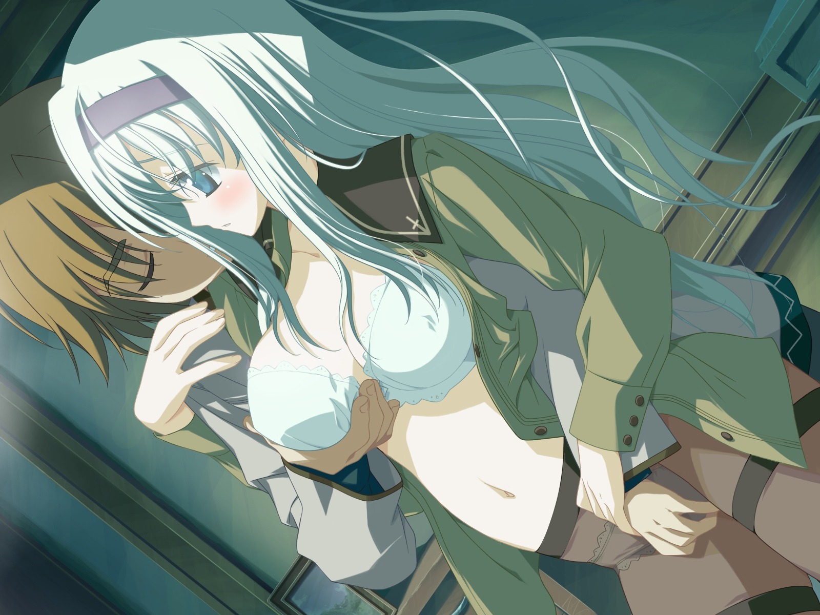 blush bra breast_grab breasts cleavage crotch_grab durandal_fernek dutch_angle erect_nipples female flolium_blosselliand game_cg hairband highres lingerie long_hair midriff nipples open_clothes open_shirt pantyhose rule34 shida_kazuhiro shirt underwear white_hair wiz_anniversary