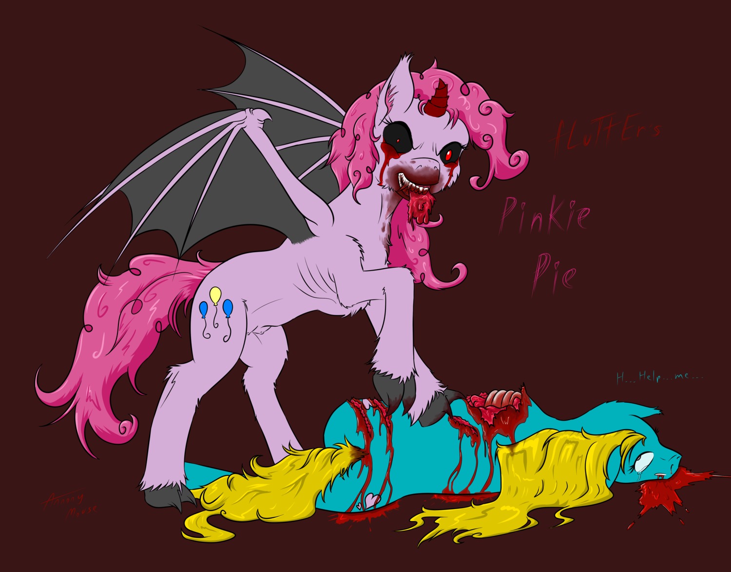 2013 absurd_res annonymouse blonde_hair blood bodily_fluids cannibalism cutie_mark death demonic duo e621 earth_pony english_text equid equine fan_character female feral friendship_is_magic gore grotesque grotesque_death hair hard_vore hasbro hi_res horn horror_(theme) horse looking_at_viewer lying mammal membrane_(anatomy) membranous_wings my_little_pony nightmare_fuel on_side pink_eyes pink_hair pinkie_pie_(mlp) pony red_eyes simple_background tears teats teeth text vore what_has_magic_done wings