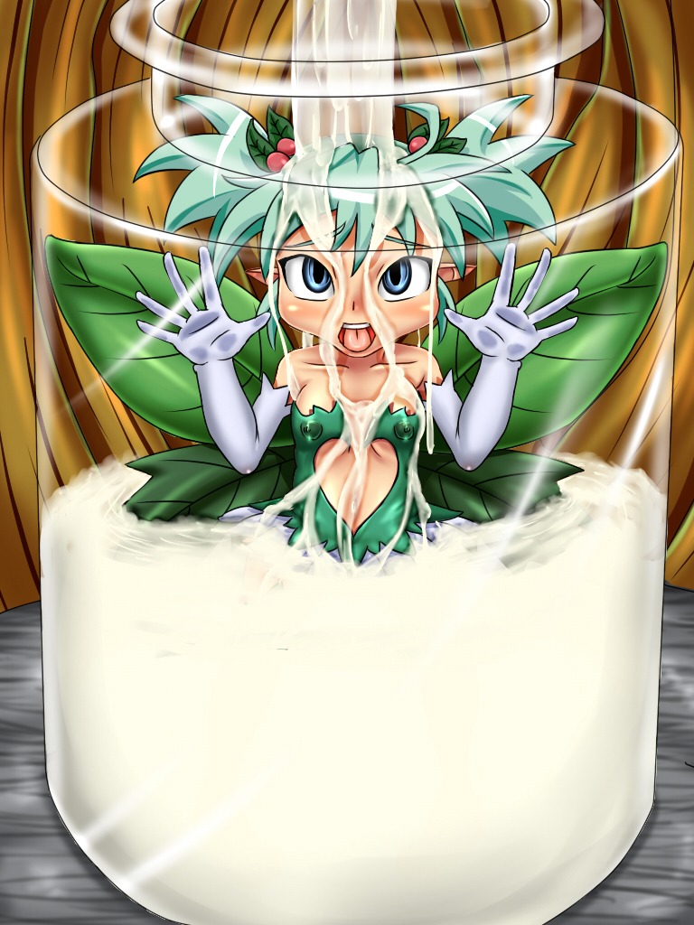 blue_eyes cum cum_bath cum_in_jar cum_jar fairy female green_eyes green_hair jar konoha_(shinrabanshou) micro_female mokugyuutan rule34 shinrabanshou