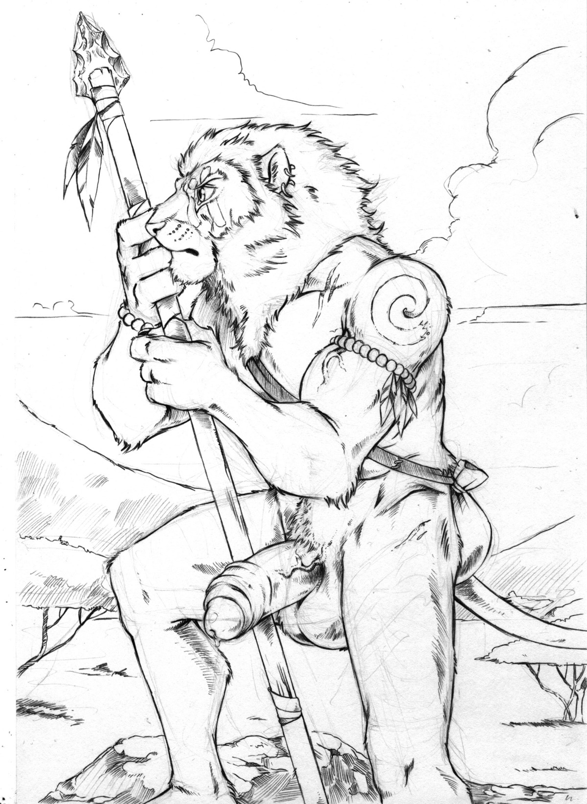 anthro balls biceps bodily_fluids e621 facial_markings felid foreskin furryrevolution genital_fluids genitals half-erect head_markings hi_res humanoid_genitalia humanoid_penis lion male mammal markings melee_weapon monochrome muscular muscular_anthro muscular_male outside pantherine partially_retracted_foreskin penis piercing plant polearm precum pubes rock scar sketch solo spear tattoo thick_penis tree vein weapon