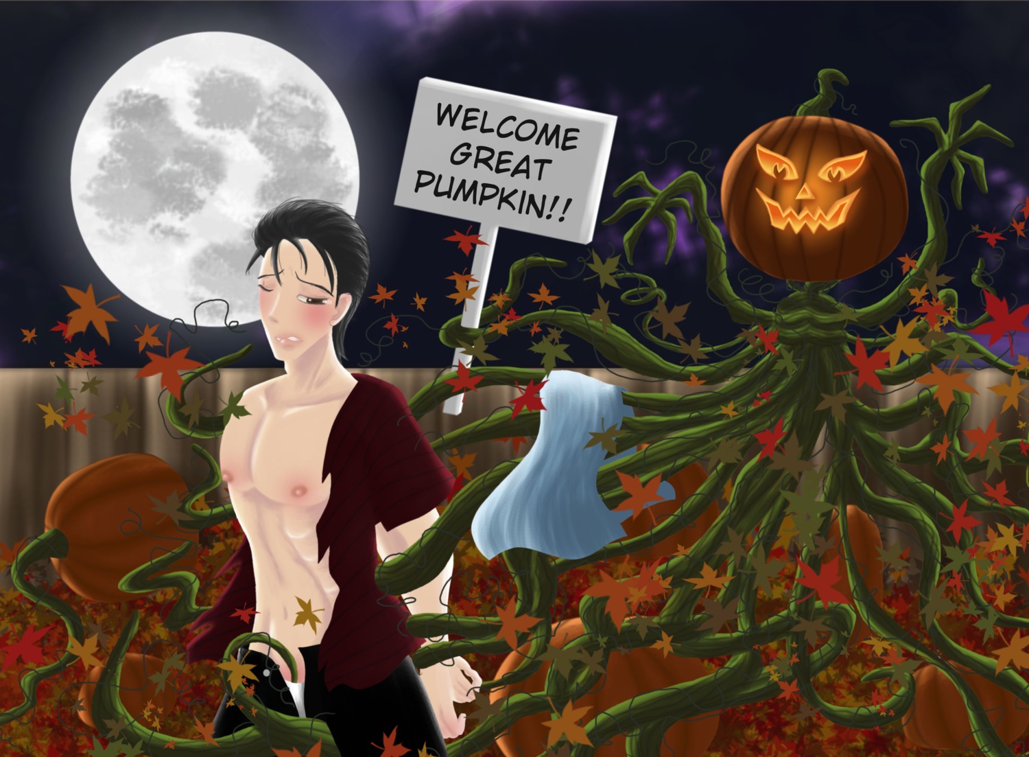 blanket_grab bound_wrists halloween imminent_rape imminent_sex linus_van_pelt male male_only malesub night open_pants peanuts pumpkins ripped_clothes rule34 sign tagme tearing_clothes tentacle_on_male the_great_pumpkin undressing_another vines
