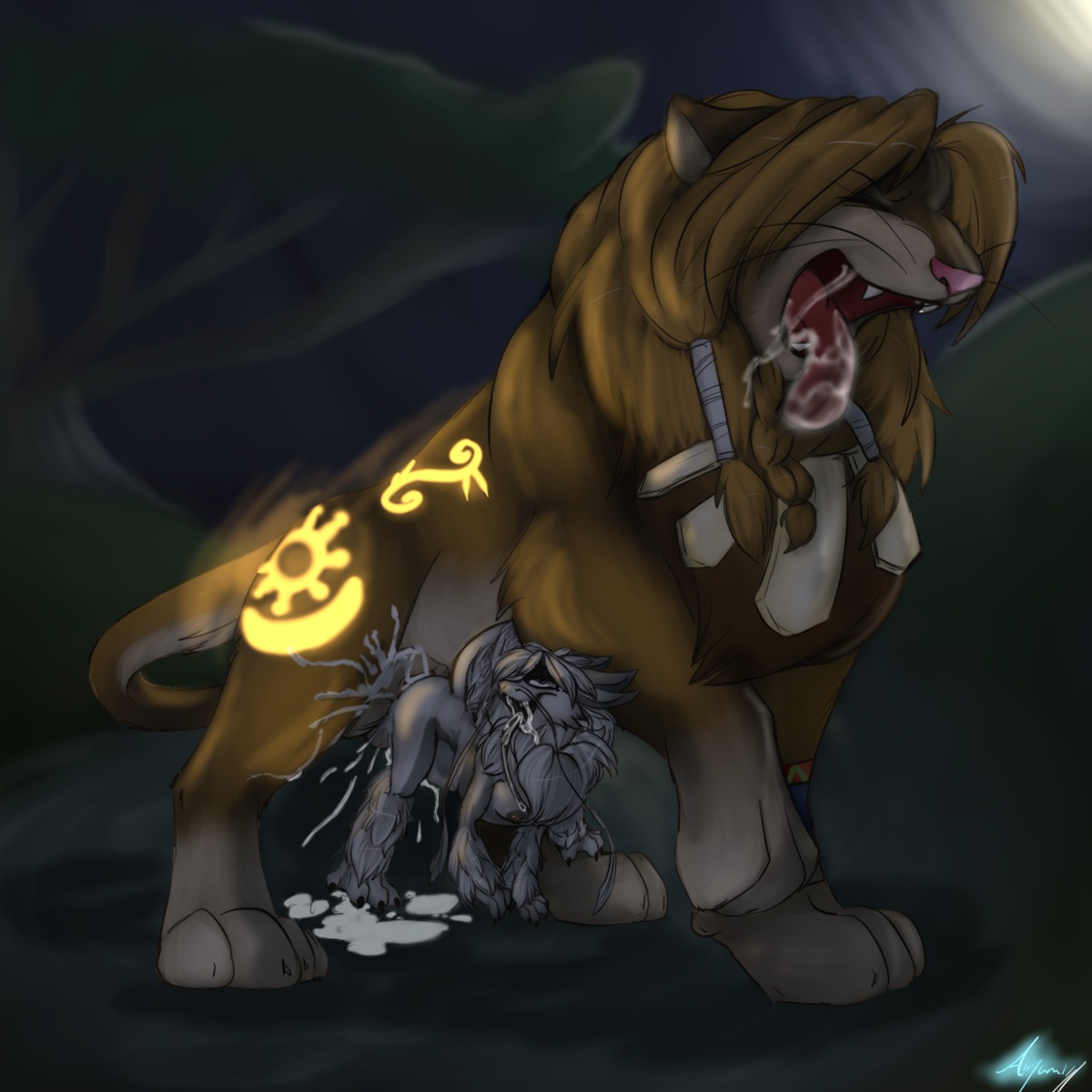 aiiyumi-chan bulging cum cum_inside dragon drooling feline female feral glowing inflation lion male messy moon nhala_levee night pantaleon rule34 runes saliva size_difference