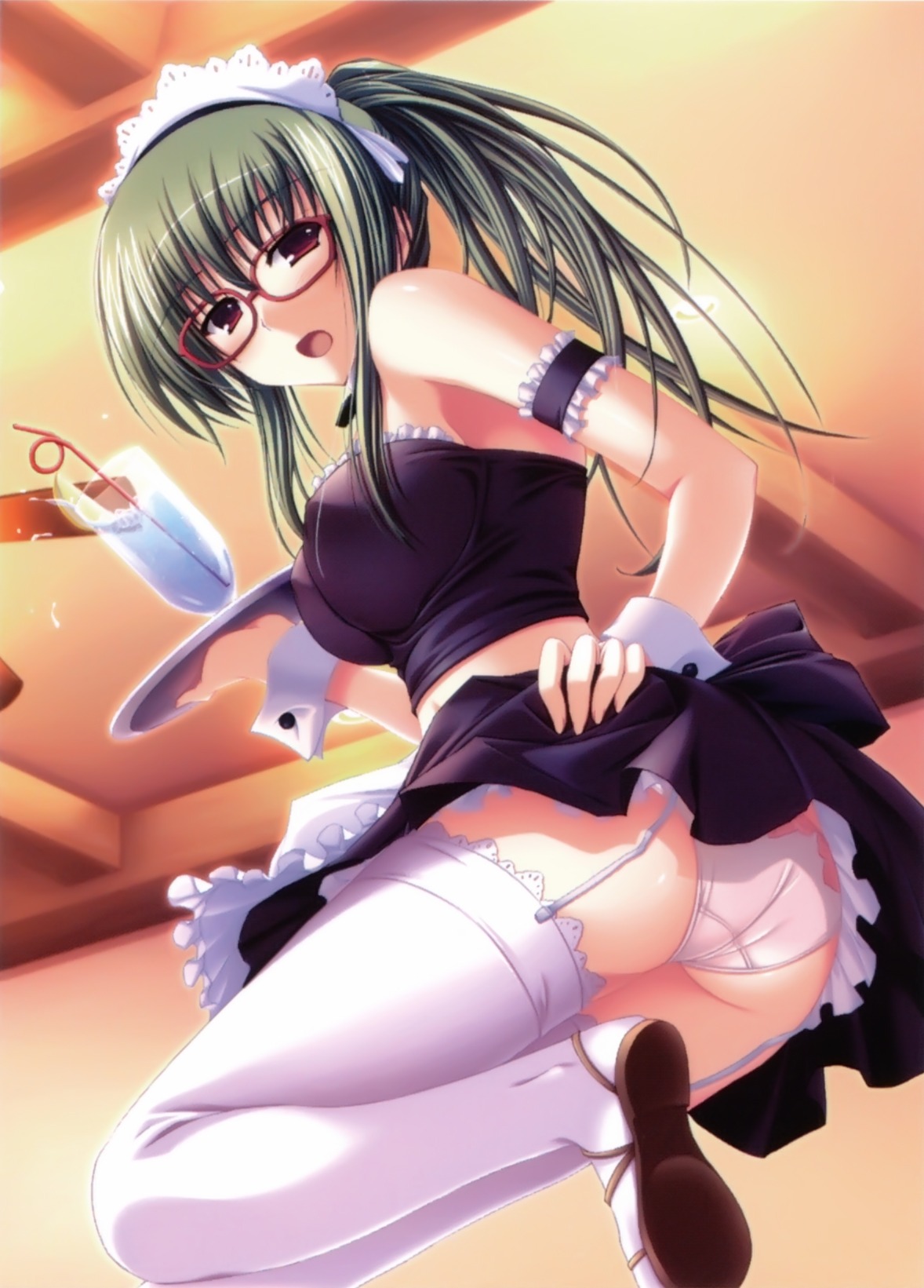 1girls female female_only garter maid megane overfiltered panties rule34 solo stockings thighhighs tomose_shunsaku