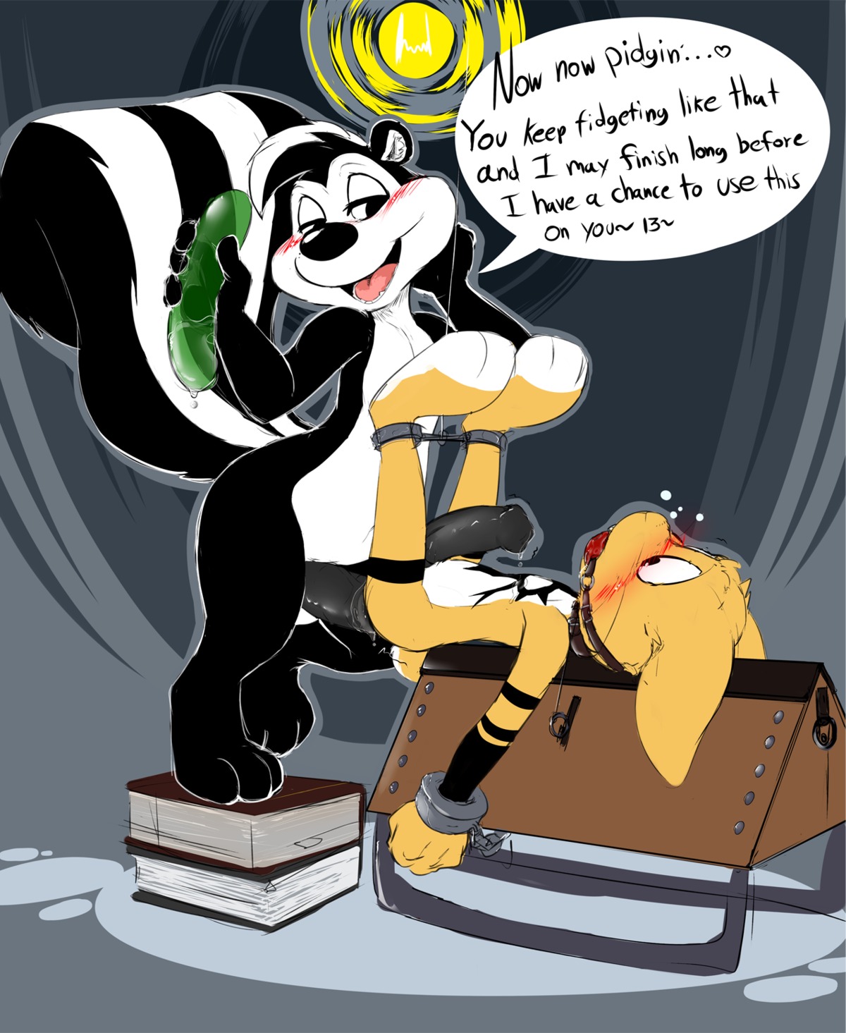 0r0 anthro ball_gag bdsm big_penis black_body black_fur bondage bound canon_x_oc countershade_fur countershading cuff_(restraint) dialogue dominant dominant_male duo e621 english_text erection forced fur gag gagged genitals handcuffs hi_res lagomorph leporid looney_tunes male male/male mammal markings mephitid metal_cuffs multicolored_body multicolored_fur naturally_unclothed night nude nude_anthro nude_male penis pepe_le_pew rabbit rape restraints seth-iova sex shackles skunk striped_body striped_fur striped_markings striped_skunk striped_tail stripes submissive submissive_male tail tail_markings text two_tone_body two_tone_fur warner_brothers white_body white_countershading white_fur white_stripes wooden_horse_(device)