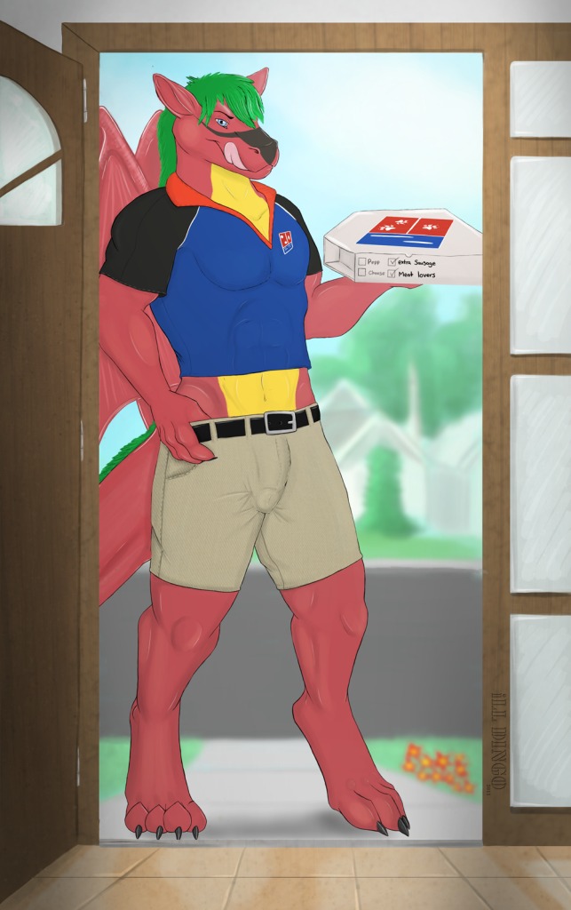 2011 anthro biped blue_eyes building bulge claws clothed clothing delivery_(commerce) delivery_employee detailed_bulge domino's_pizza dragon dragonflame92 e621 european_mythology flower food food_delivery genital_outline green_hair hair home house illbarks looking_at_viewer male membrane_(anatomy) membranous_wings muscular muscular_anthro muscular_male mythological_creature mythological_scalie mythology open_mouth penis_outline pizza pizza_delivery plant scalie shrub solo standing street tail tongue tongue_out tree western_dragon wings