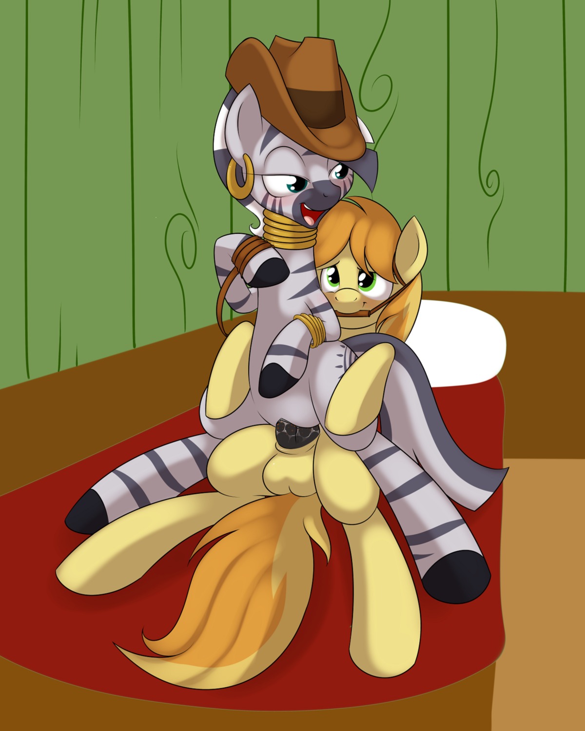 2012 4:5 balls bdsm blush bodily_fluids bondage bound braeburn_(mlp) clothing cutie_mark digital_media_(artwork) duo e621 ear_piercing earth_pony equid equine erection female female_on_top female_penetrated feral friendship_is_magic genital_fluids genitals green_eyes hasbro hat headgear headwear hi_res horse kloudmutt male male/female male_on_bottom male_penetrating male_penetrating_female mammal mostly_nude my_little_pony nude on_bottom on_top penetration penis piercing pony reverse_cowgirl_position sex stripes tail vaginal_fluids vulva zebra zecora_(mlp)
