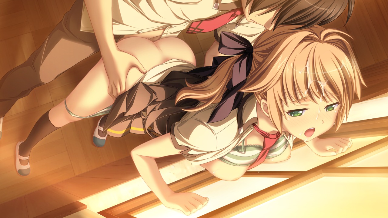 blonde_hair bra breasts cum female game_cg green_eyes hatsukoi_sacrament nipples open_clothes open_shirt purple_software rule34 seifuku sex shirt underwear