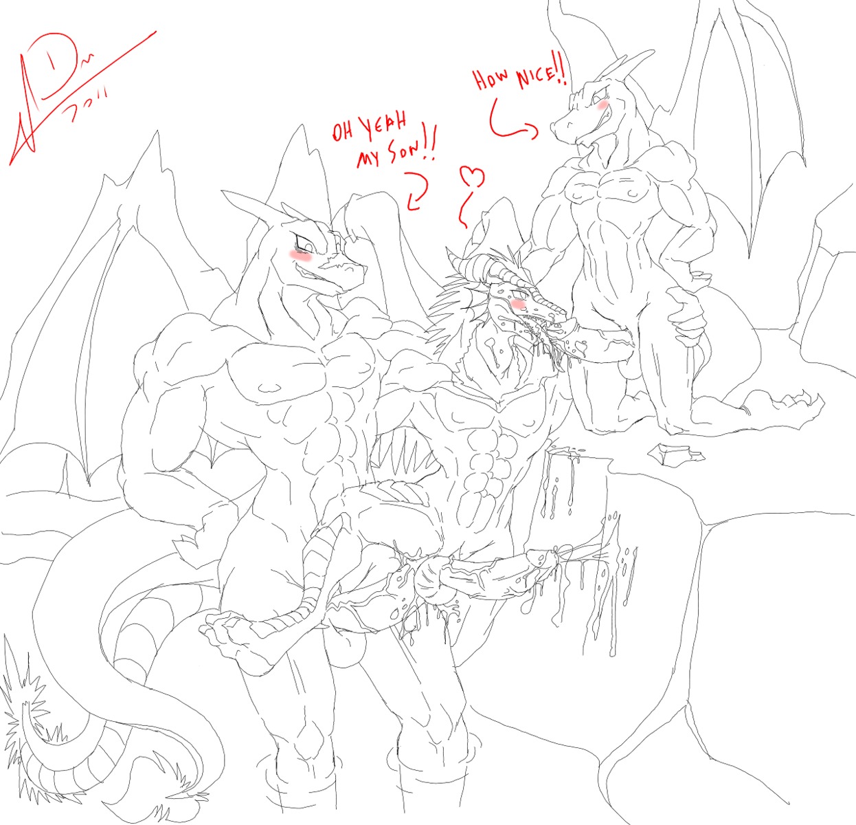 anthro balls blush charizard color cum dark-moltres fellatio fire insertion interspecies kneeling male male_only multiple_males muscles nintendo nude oral partially_colored penis pokemon pokemon_(species) rule34 sex standing tail tail_fire testicles wings yaoi