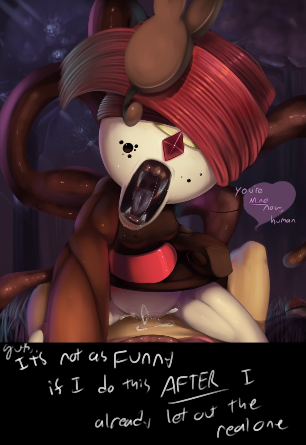 bodily_fluids creepy cum cum_inside digital_media_(artwork) duo e621 english_text female female_focus forest gaping_mouth generation_5_pokemon genital_fluids genitals glistening grass hair hi_res humanoid legendary_pokemon male male/female meloetta meloetta_(pirouette_form) monster monstrous_humanoid night nightmare_fuel nintendo not_furry open_mouth plant pokemon pokemon_(species) red_hair sex short_hair solo_focus tentacles text theboogie tree trolling uvula vaginal vulva