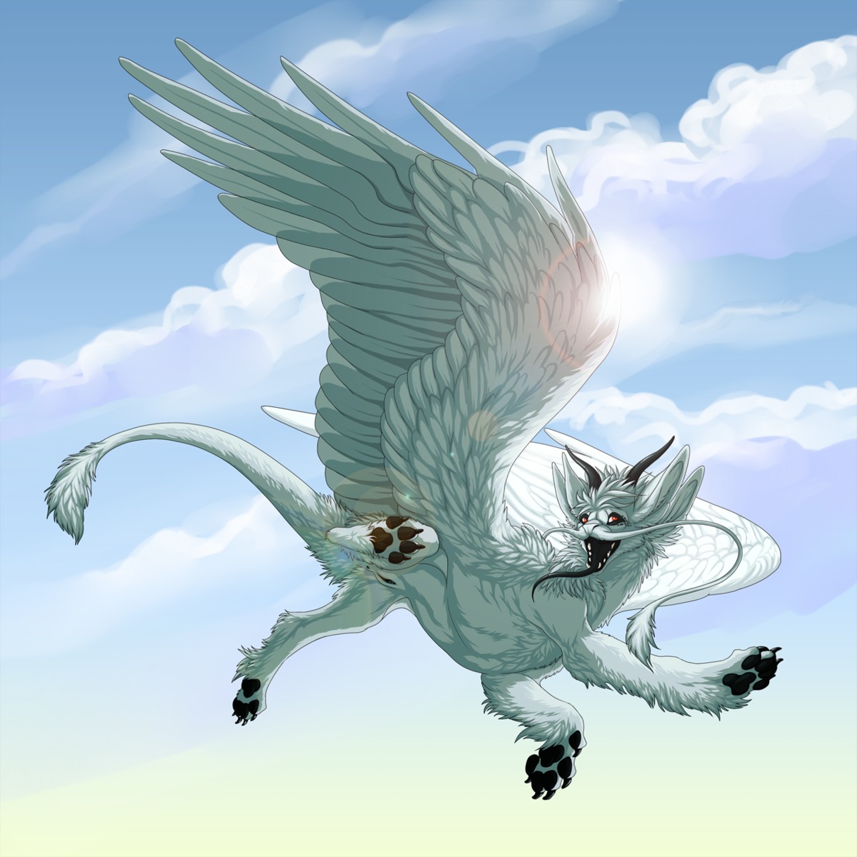 1:1 anisis anus black_anus black_pawpads black_tongue black_vulva cloud detailed_background dragon e621 feathered_dragon feathered_scalie feathered_wings feathers female feral flying front_vulva fur furred_dragon furred_scalie genitals hi_res horn mythological_creature mythological_scalie mythology nhala_levee nhalavi nude outside pawpads paws red_eyes scalie sky skyscape solo tail tongue vulva whiskers white_body white_fur wings