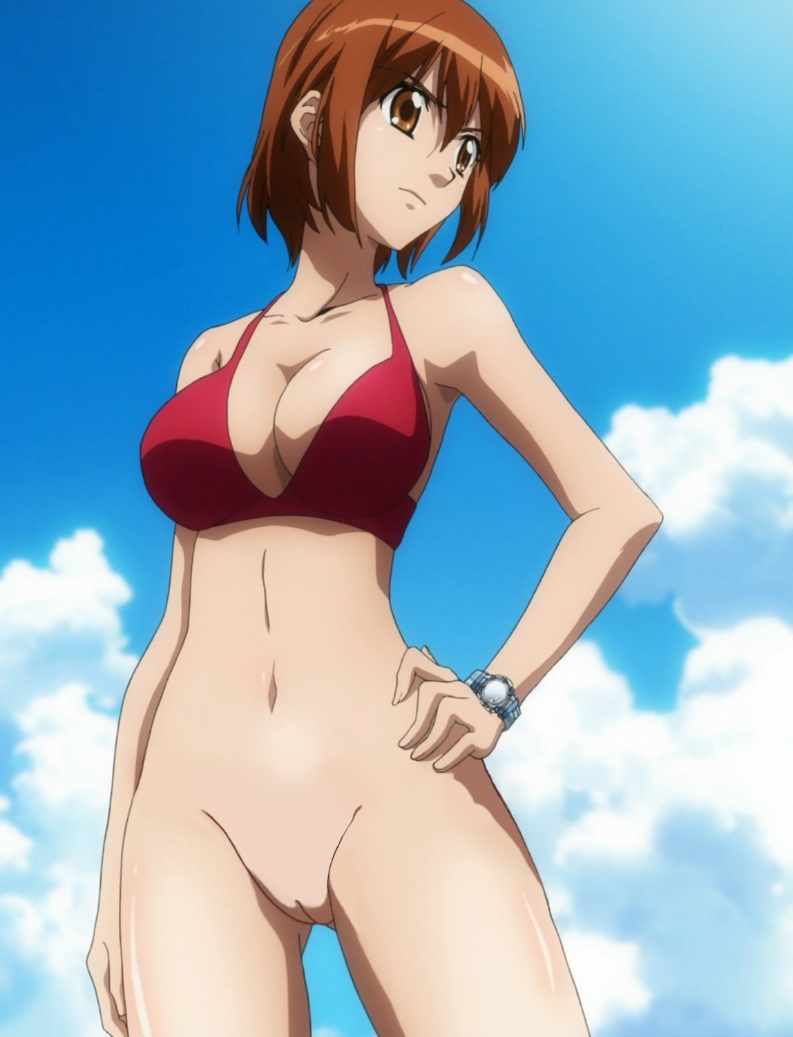 angry asobi_ni_iku_yo! bikini bottomless brown_eyes brown_hair casual cleavage female hand_on_hip human kinjou_manami looking_left mizugi oppai pale_skin pussy red_bikini rule34 uncensored vagina wristwatch wristwear