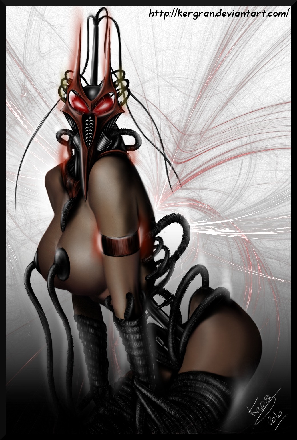 2d breasts brown_skin color female female_only kneeling looking_at_viewer mortal_kombat open_eyes red_eyes rule34 rule_63 sektor side_view solo tagme