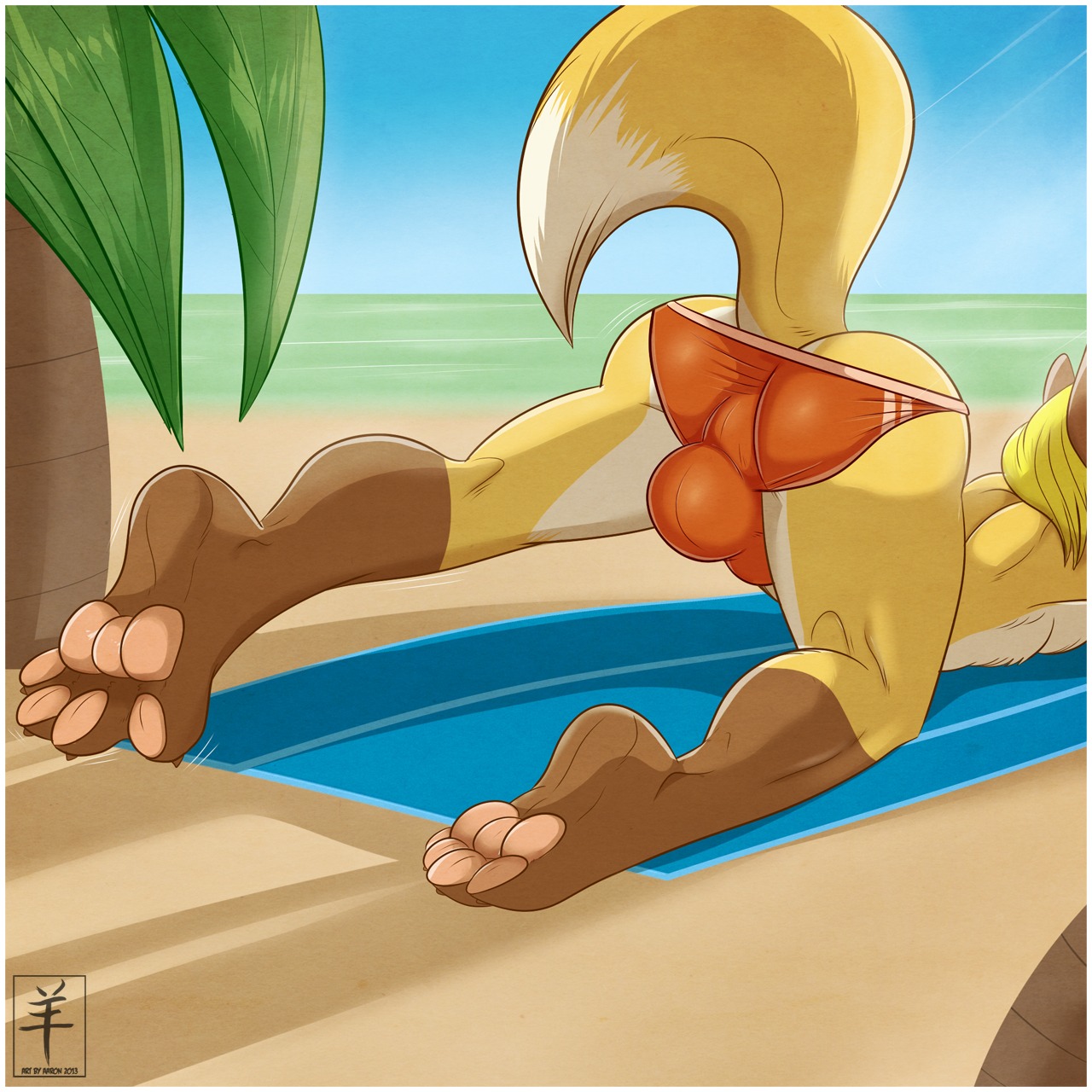 1:1 2013 aaron_(artist) anthro barefoot beach bent_over biped border bulge butt butt_shot canid canine detailed_background digital_media_(artwork) e621 faceless_character faceless_male feet fox hi_res jcfox male mammal on_towel outside plantigrade presenting presenting_hindquarters sand seaside sky solo towel white_border