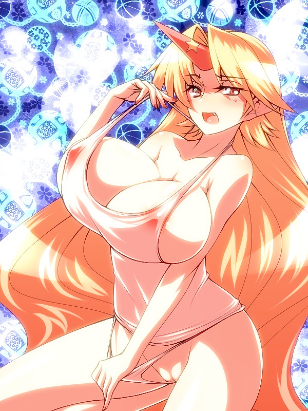 blonde_hair breasts camisole female horn horns hoshiguma_yuugi huge_breasts lingerie long_hair naughty_face panties pointy_ears pussy red_eyes ria rule34 touhou tro uncensored underwear white_panties