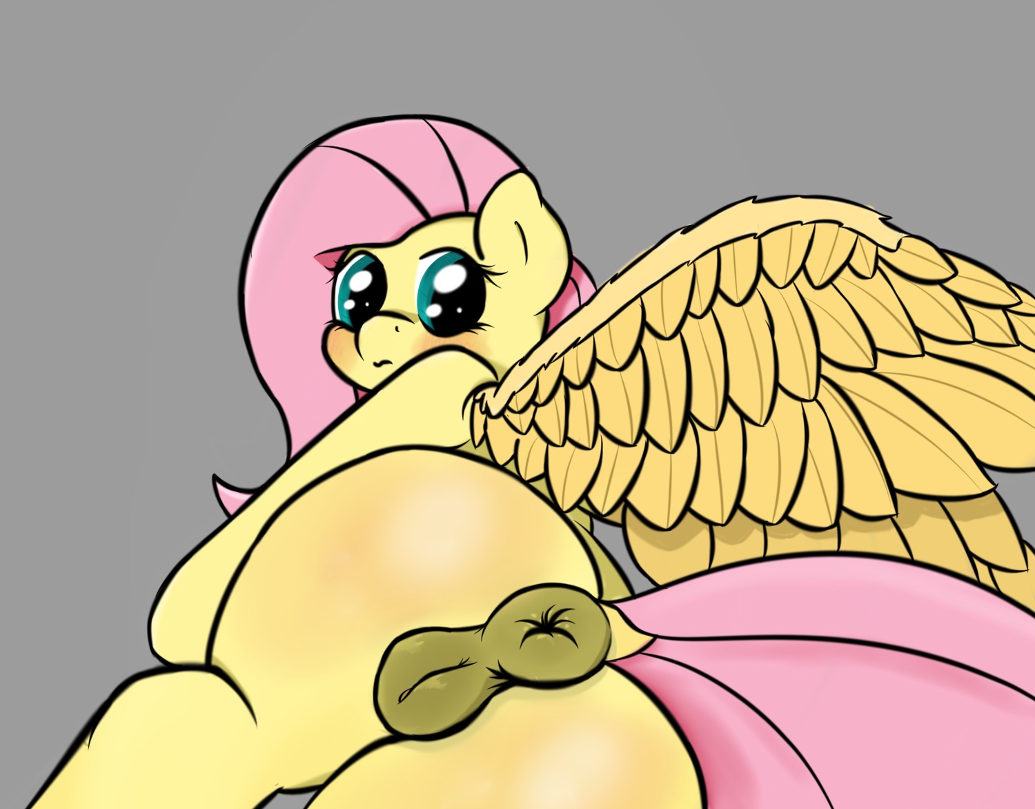 2014 anus butt e621 equid equine feathered_wings feathers female feral fluttershy_(mlp) friendship_is_magic genitals grey_background hair hasbro hi_res mammal my_little_pony mythological_creature mythological_equine mythology pegasus simple_background snazzypone solo vulva wings yellow_body yellow_feathers