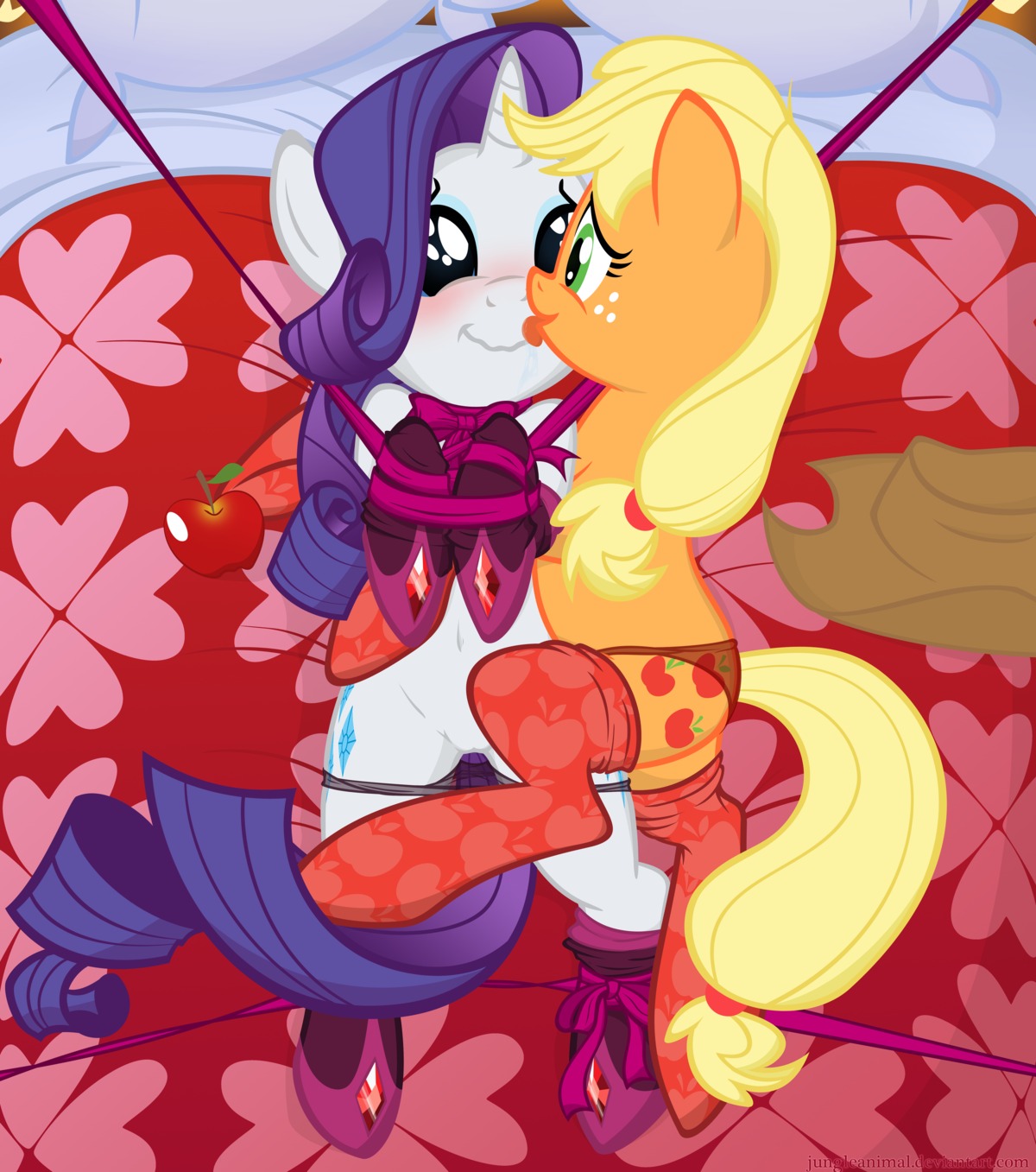 absurd_res apple applejack_(mlp) arms_together bdsm bed bed_bondage bird's-eye_view blue_eyes bondage bound clothed clothing cowboy_hat cutie_mark dominant dominant_female duo e621 earth_pony equid equine eyeshadow female female/female feral feral_on_feral food friendship_is_magic fruit fur furniture green_eyes hasbro hat headgear headwear hi_res high-angle_view horn horse junglepony legwear licking lying makeup mammal my_little_pony mythological_creature mythological_equine mythology on_back panties panties_down partially_clothed plant pony rarity_(mlp) ribbons stockings submissive submissive_female tail thigh_highs tongue tongue_out translucent translucent_clothing underwear underwear_down unicorn white_body white_fur