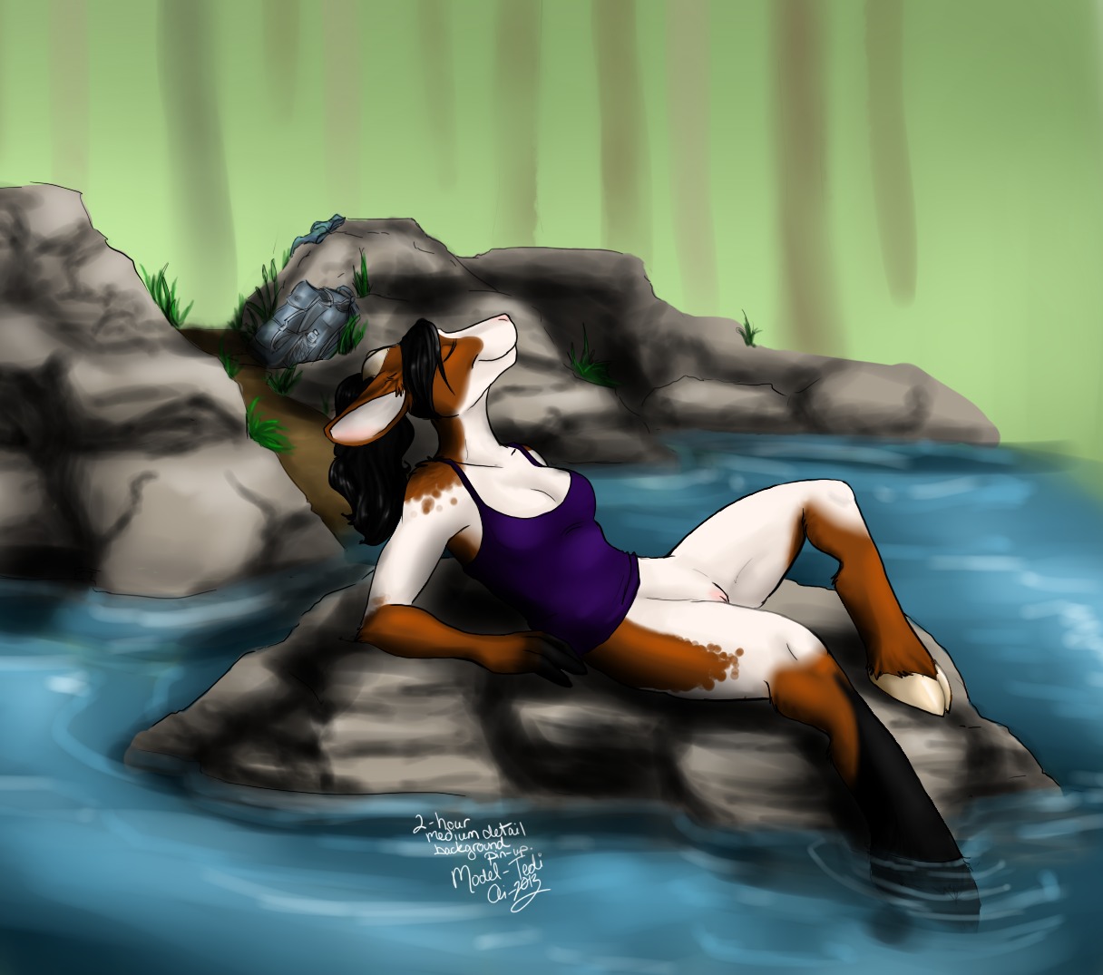 anthro bottomless bovid caprine clothed clothing conditional_dnp deer digital_media_(artwork) e621 eyes_closed female genitals goat hooves horn mammal oli_snowpaw pinup pose shaded skimpy solo tedi vulva