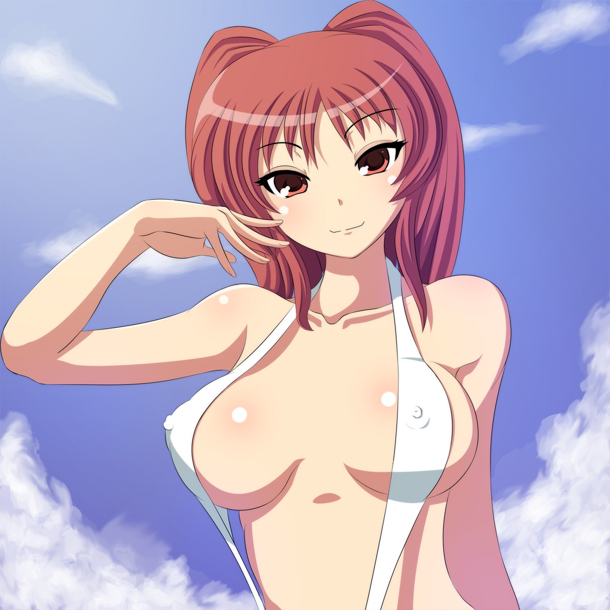 breasts cleavage erect_nipples female highres kousaka_tamaki large_breasts nipples rule34 sling_bikini smile swimsuit to_heart_(series) to_heart_2