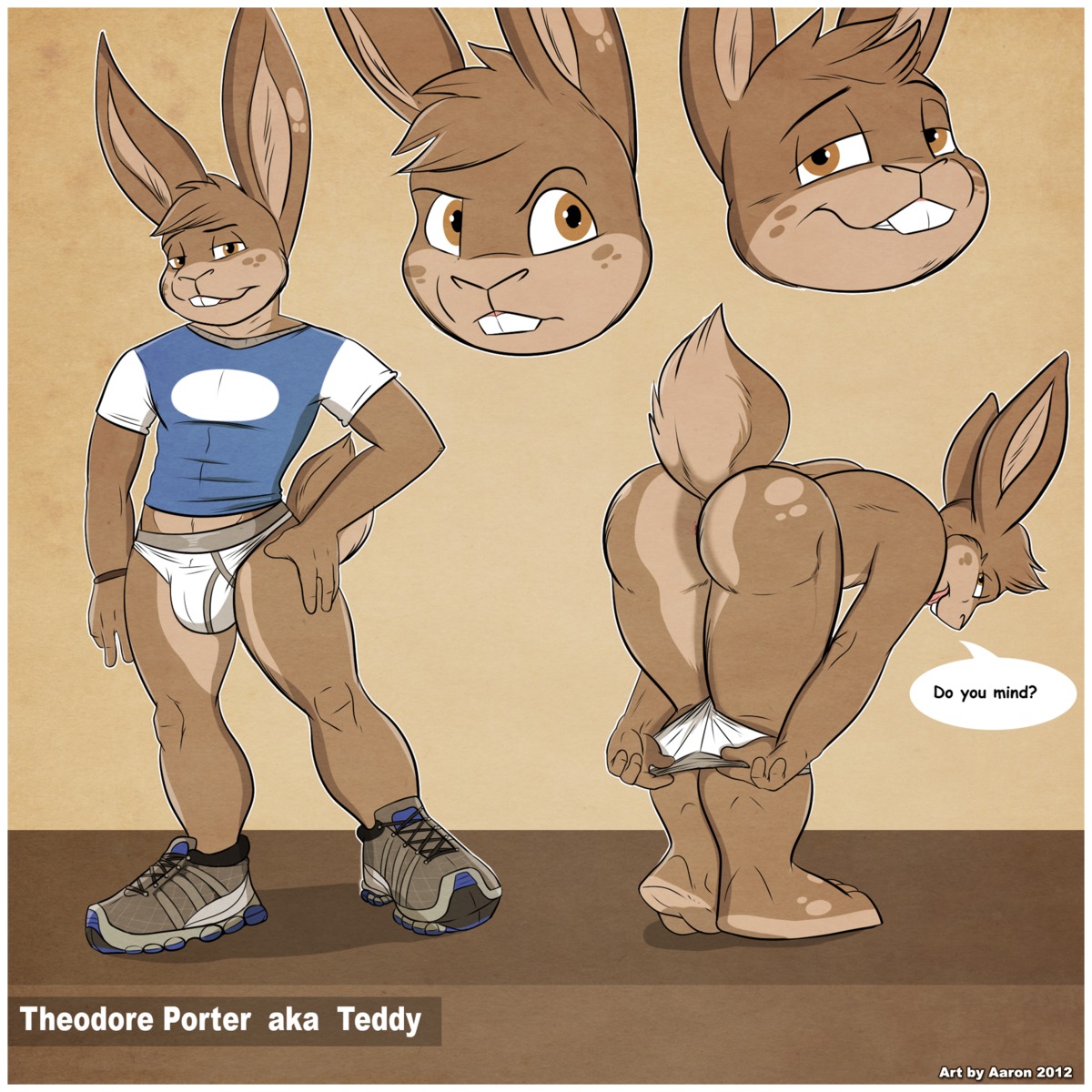 1:1 2012 aaron_(artist) adolescent anthro anus athletic athletic_male bent_over big_butt biped border briefs brown_eyes brown_hair buckteeth bulge butt clothed clothing dialogue digital_media_(artwork) e621 english_text footwear gray_seam_briefs hair hi_res lagomorph leporid looking_at_viewer looking_back male mammal pantsless partially_clothed rabbit shoes smile solo teddy_porter teeth text tighty_whities topless underwear underwear_down undressing white_border white_briefs white_clothing white_underwear young young_anthro