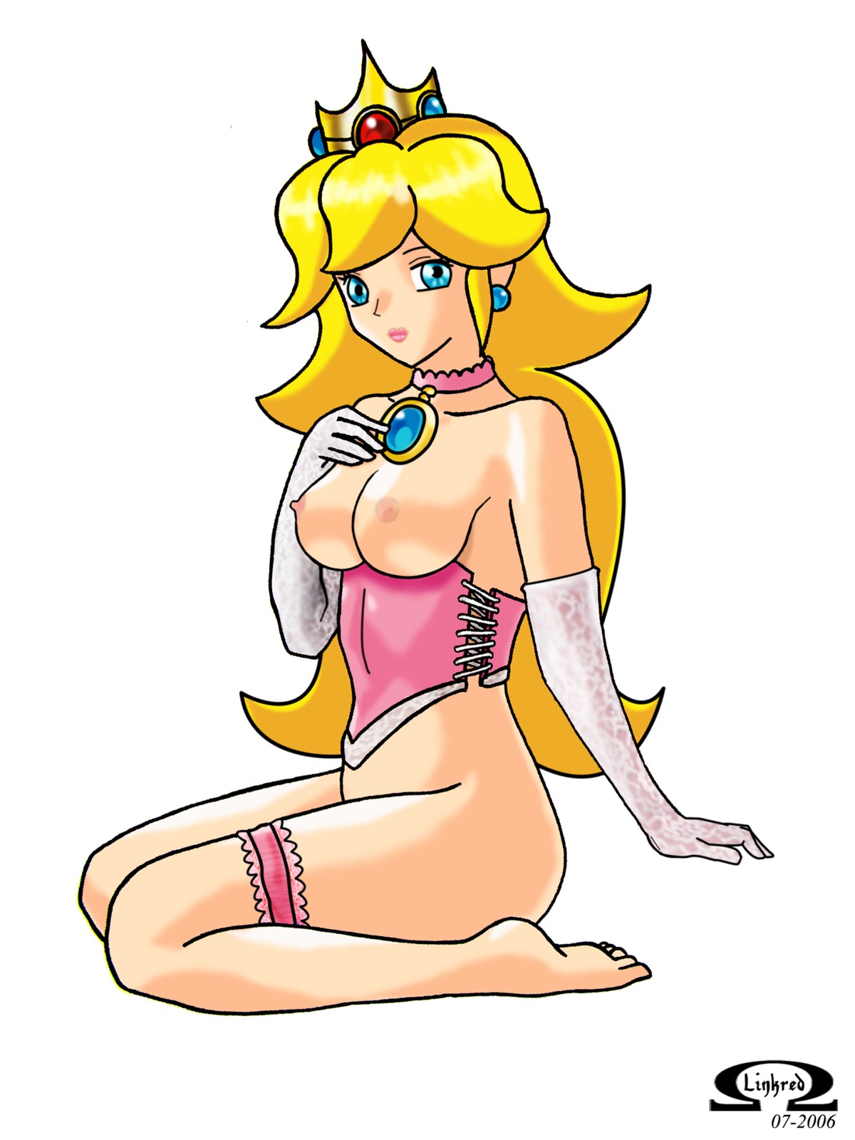 beige_skin blue_eyes breasts clothing color crown exposed_breasts eyes female female_only hair human kneeling linkred long_hair mario_(series) nintendo open_eyes princess_peach rule34 side_view skin solo straight_hair white_background yellow_hair