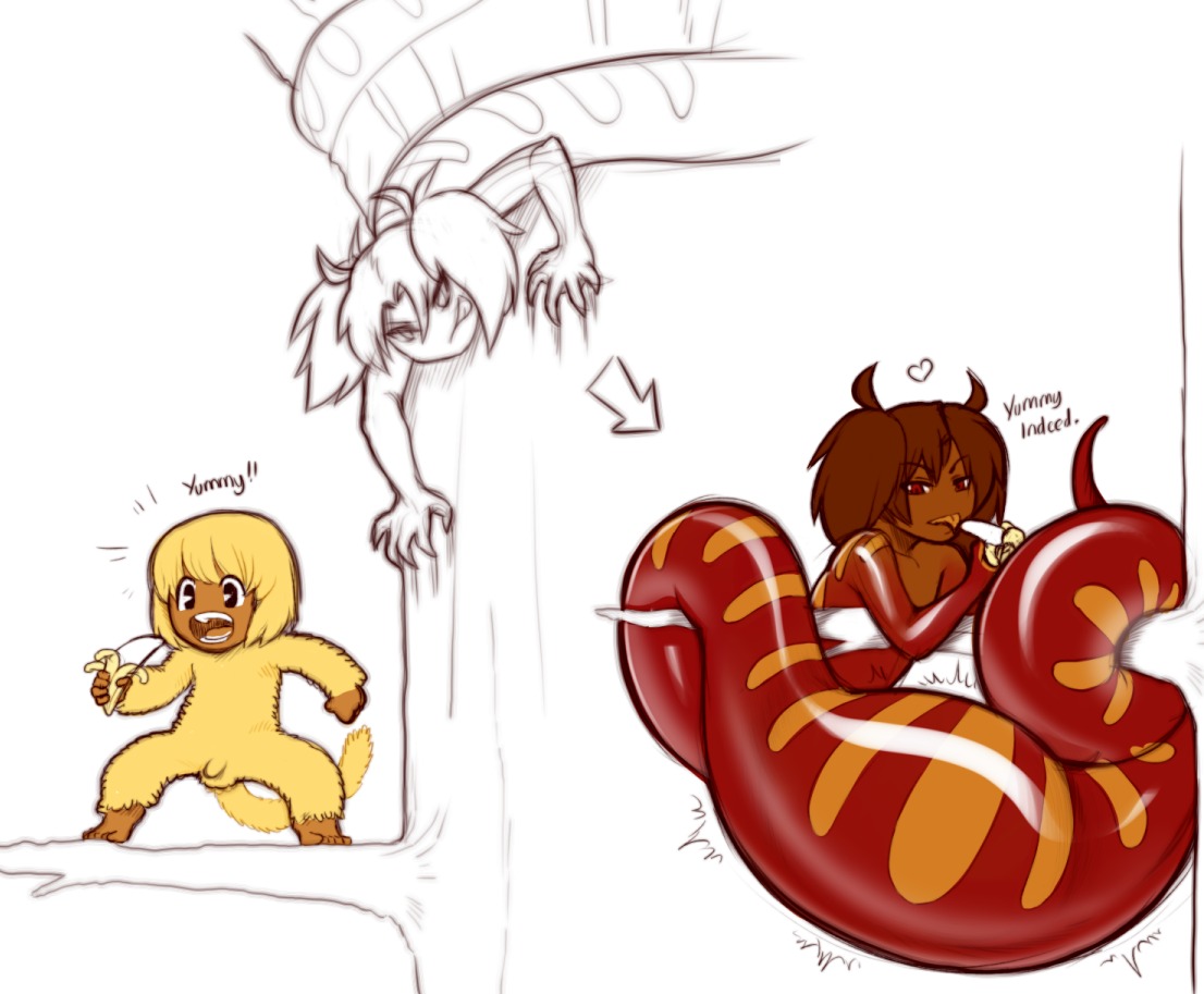 abdominal_bulge ami_dixie aniece apode banana brown_hair bulge demon draconcopode duo e621 english_text female food fruit hair humanoid lamia legless markings modeseven plant red_body red_eyes reptile scalie serpentine snake split_form tail text tongue vore