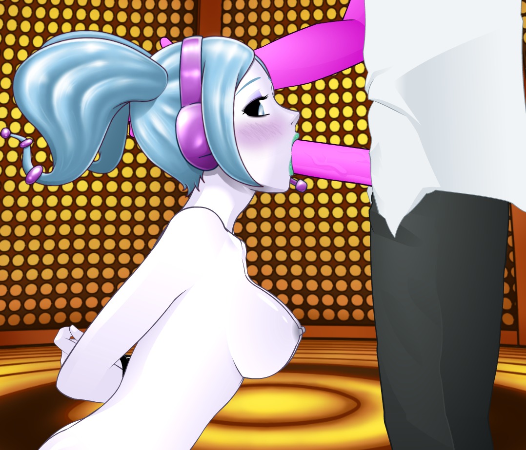 1boy 1girls android arms_behind_back big_penis black_sclera blowjob blush breasts evila female headset imminent_deepthroat implied_deepthroat konashion male naked neobunny nipples oral pale_skin penis petite robot_girl rule34 sega slim space_channel_5 super_deepthroat_game tagme unseen_male_face